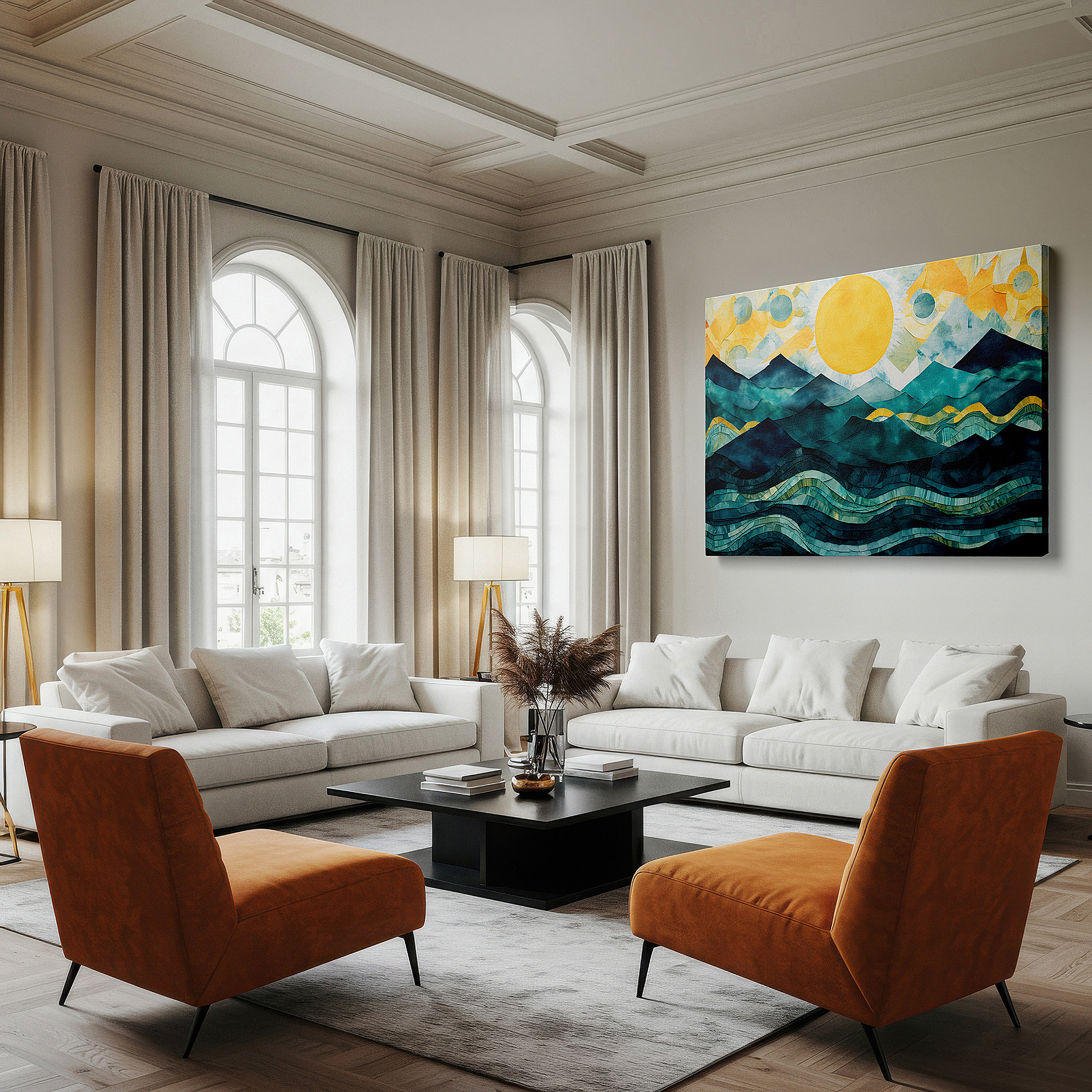 Side profile highlights a tightly wrapped canvas over a 3 cm deep stretcher — enchanting seascape featuring gentle waves and majestic mountains beneath a radiant sun - large canvas wall art for office decor