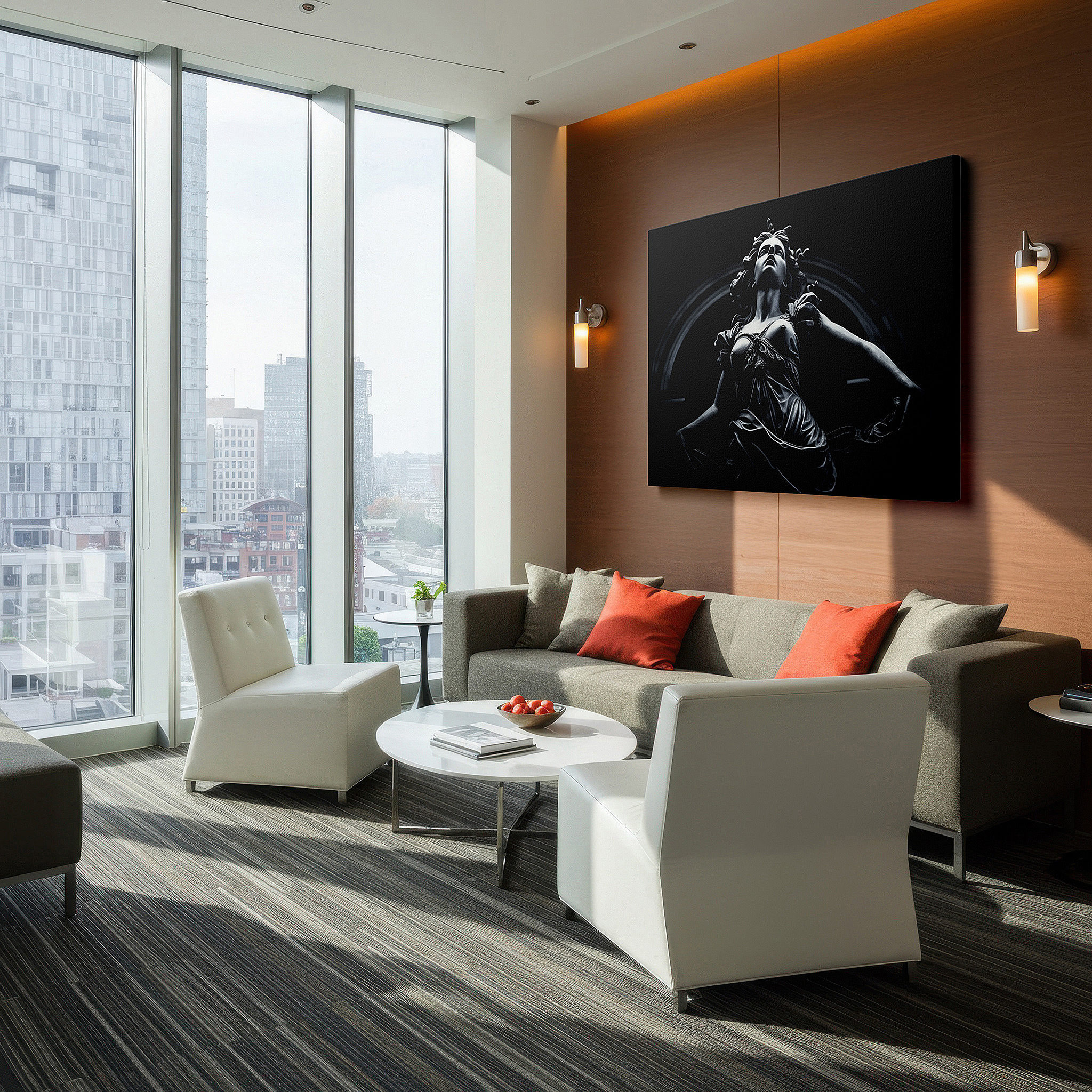 Side profile highlights a tightly wrapped canvas over a 3 cm deep stretcher — ethereal statue in motion: a dance of light and shadow amidst darkness - large canvas wall art for office and bedroom decor