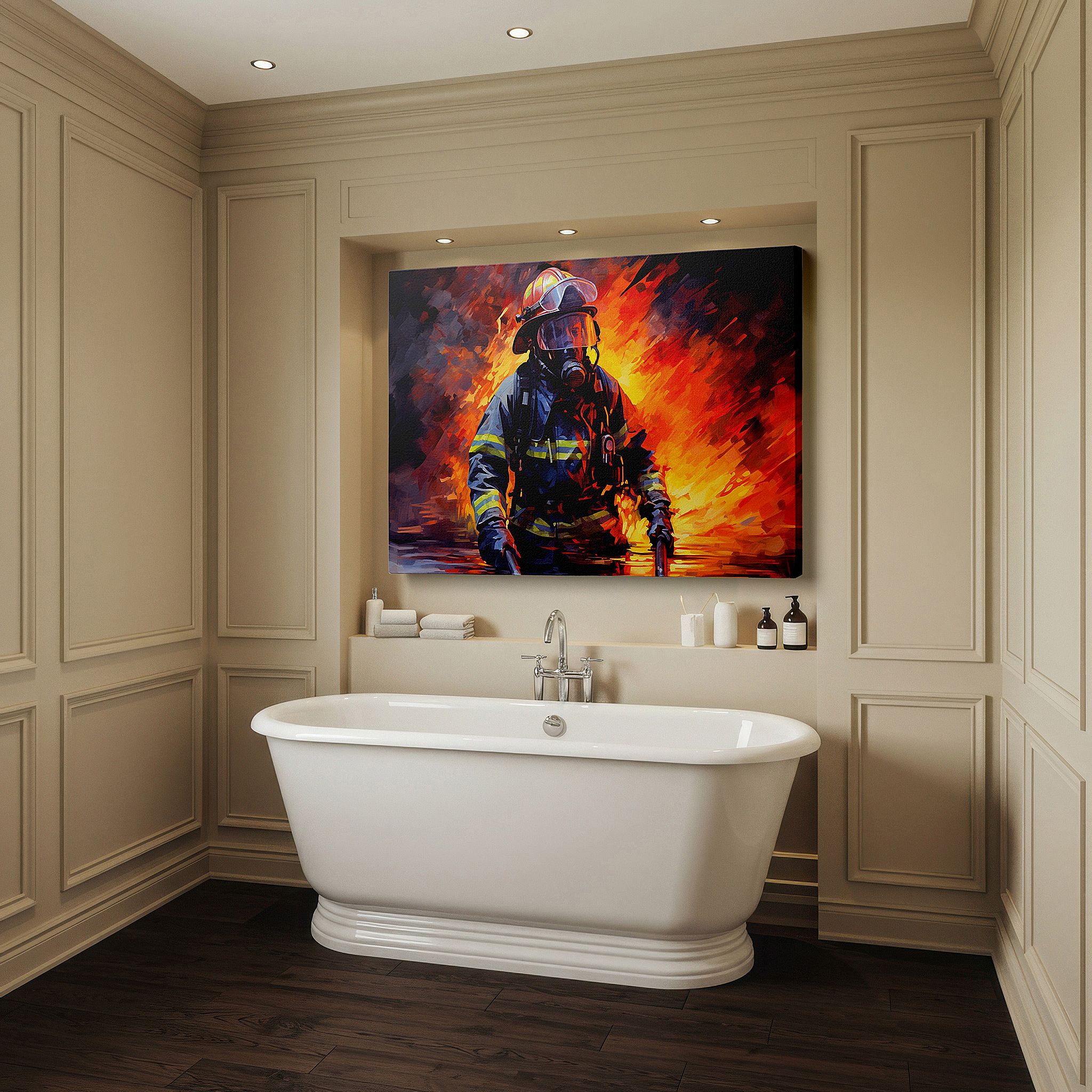 Side profile highlights a tightly wrapped canvas over a 3 cm deep stretcher — firefighter's bravery amidst flames large wall art, canvas decor for office, bedroom, and living room