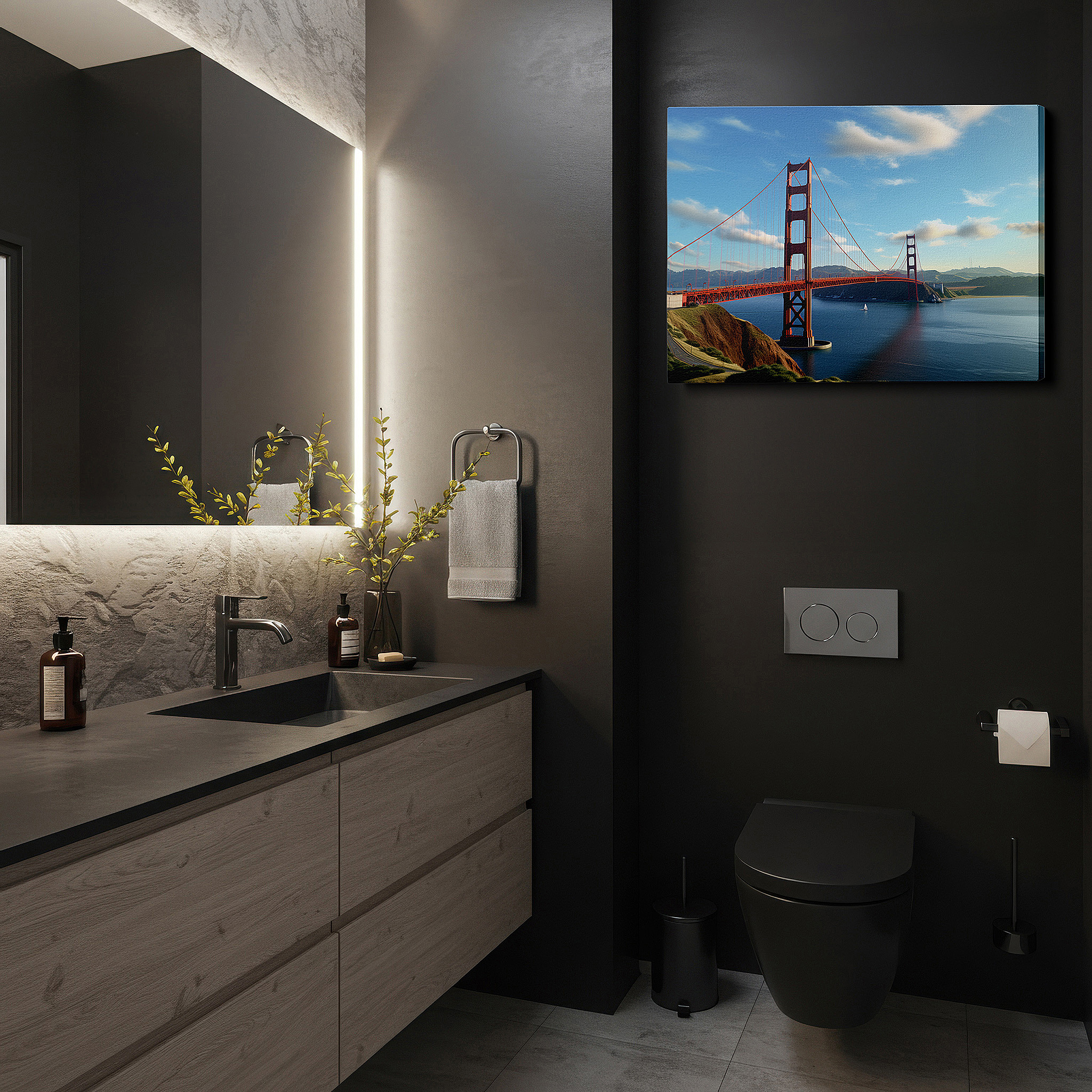 Side profile highlights a tightly wrapped canvas over a 3 cm deep stretcher — golden gate bridge wall art: majestic scene with tranquil san francisco skies - large canvas for home and office decor, perfect for living room and bedroom