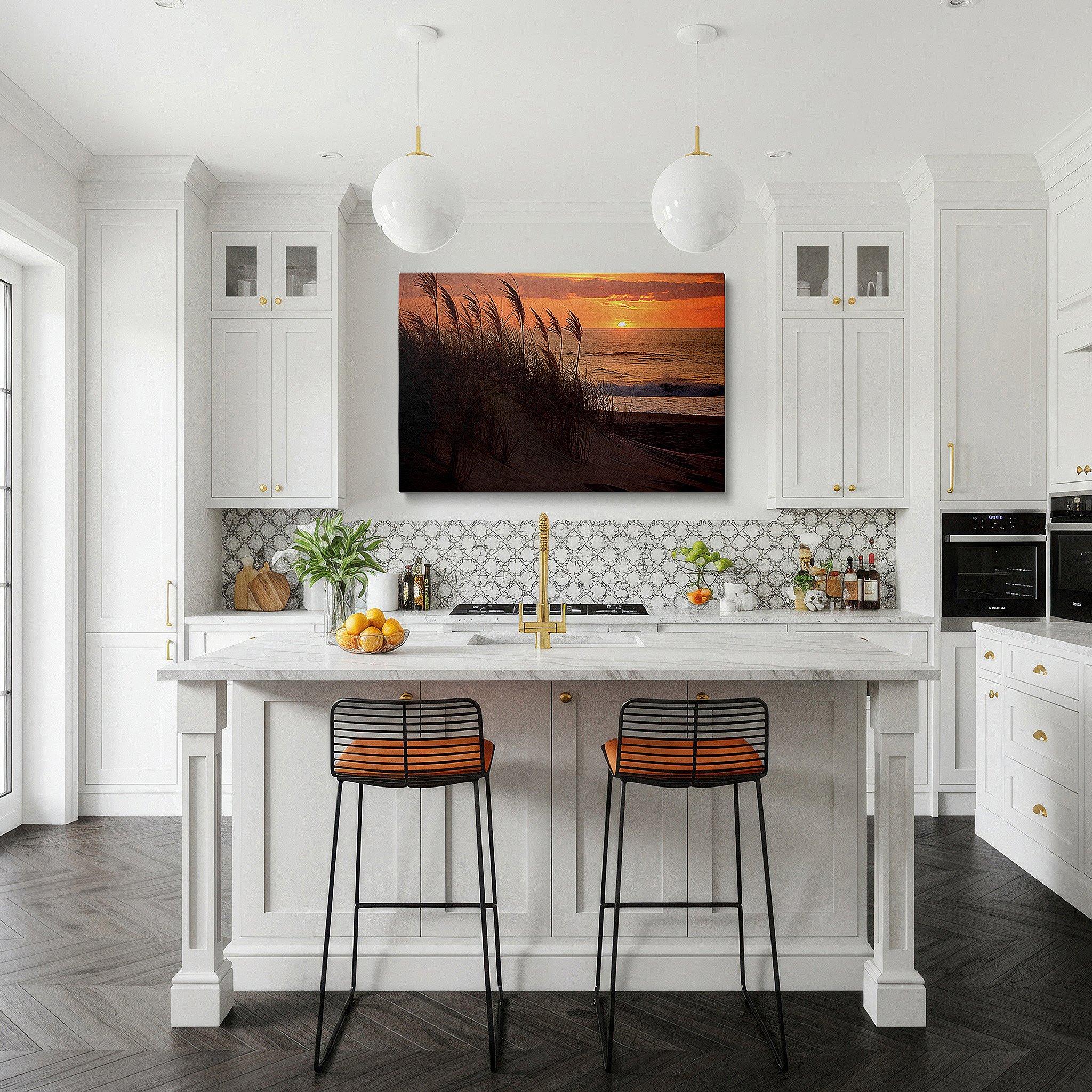 Side profile highlights a tightly wrapped canvas over a 3 cm deep stretcher — golden sunset above sandy dunes featuring swaying grass and calming sea waves - large canvas wall art for office and bedroom decor