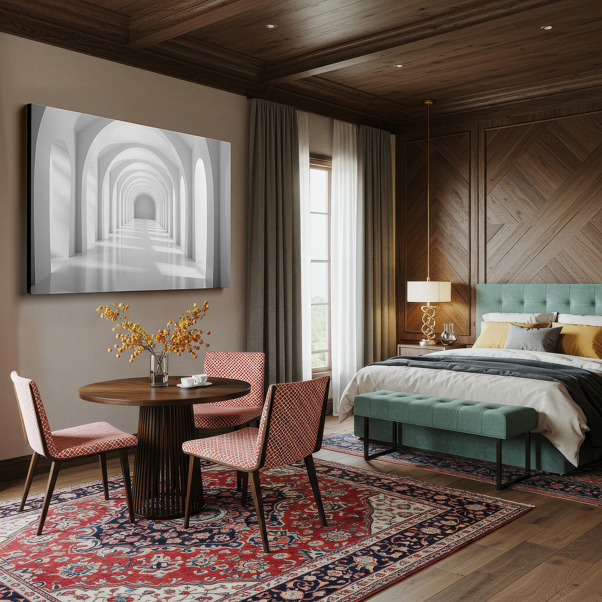 Side profile highlights a tightly wrapped canvas over a 3 cm deep stretcher — gradient-shaded architectural arches elevate minimalist corridor with ethereal light play, featuring large wall art for office decor