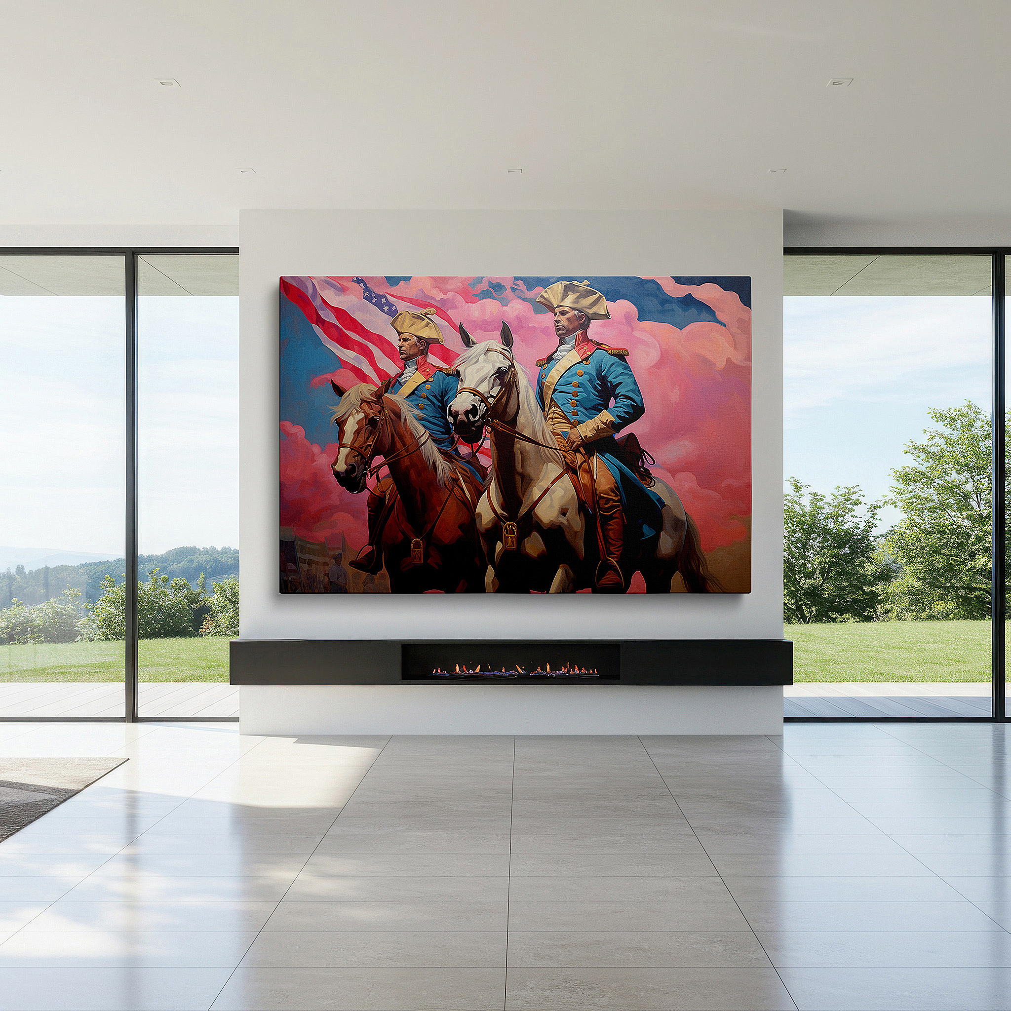 Side profile highlights a tightly wrapped canvas over a 3 cm deep stretcher — historical leaders on horseback at dawn: a representation of leadership and valor - large canvas wall art for office and bedroom decor
