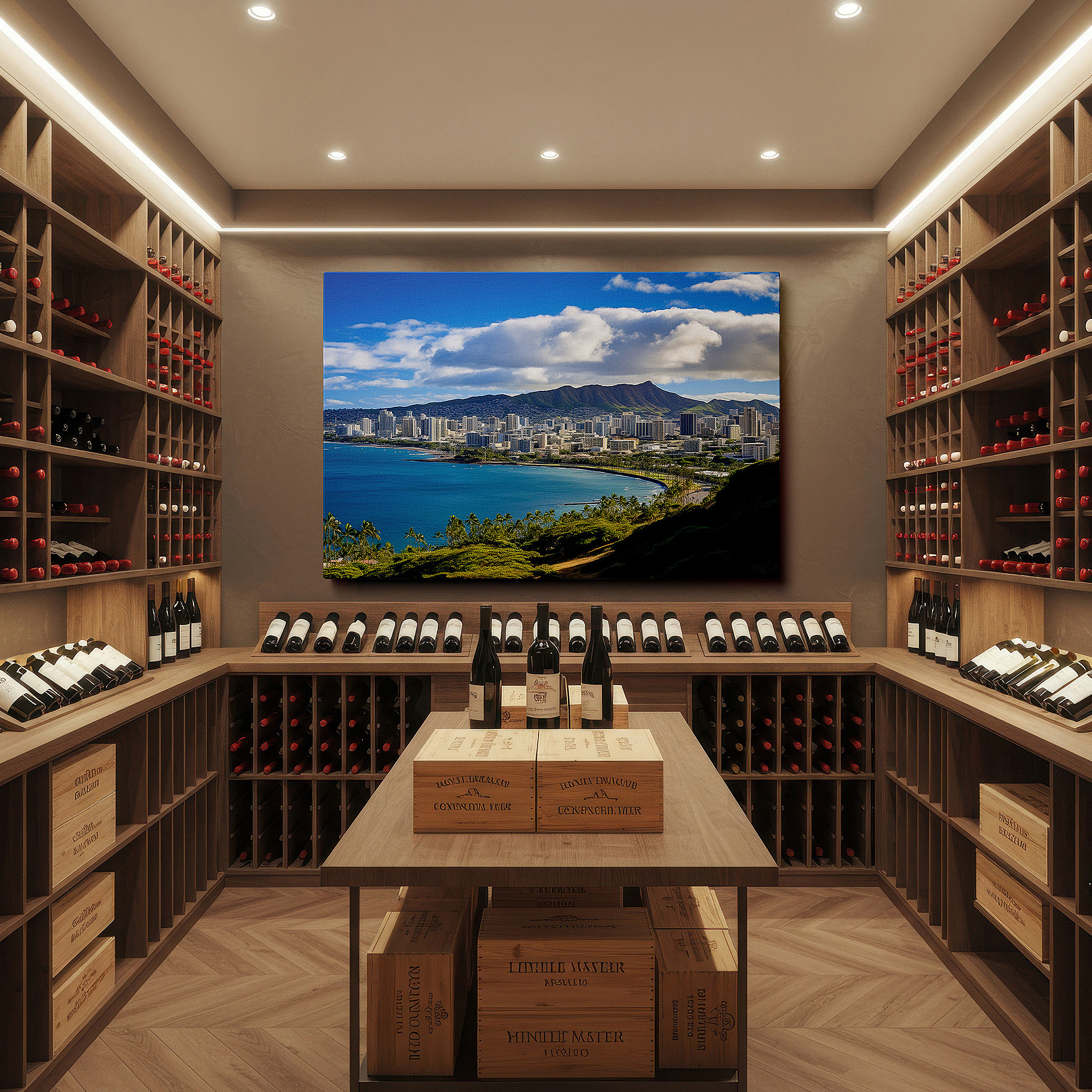 Side profile highlights a tightly wrapped canvas over a 3 cm deep stretcher — honolulu coastline and diamond head crater - tropical paradise large wall art, canvas decor for office and bedroom