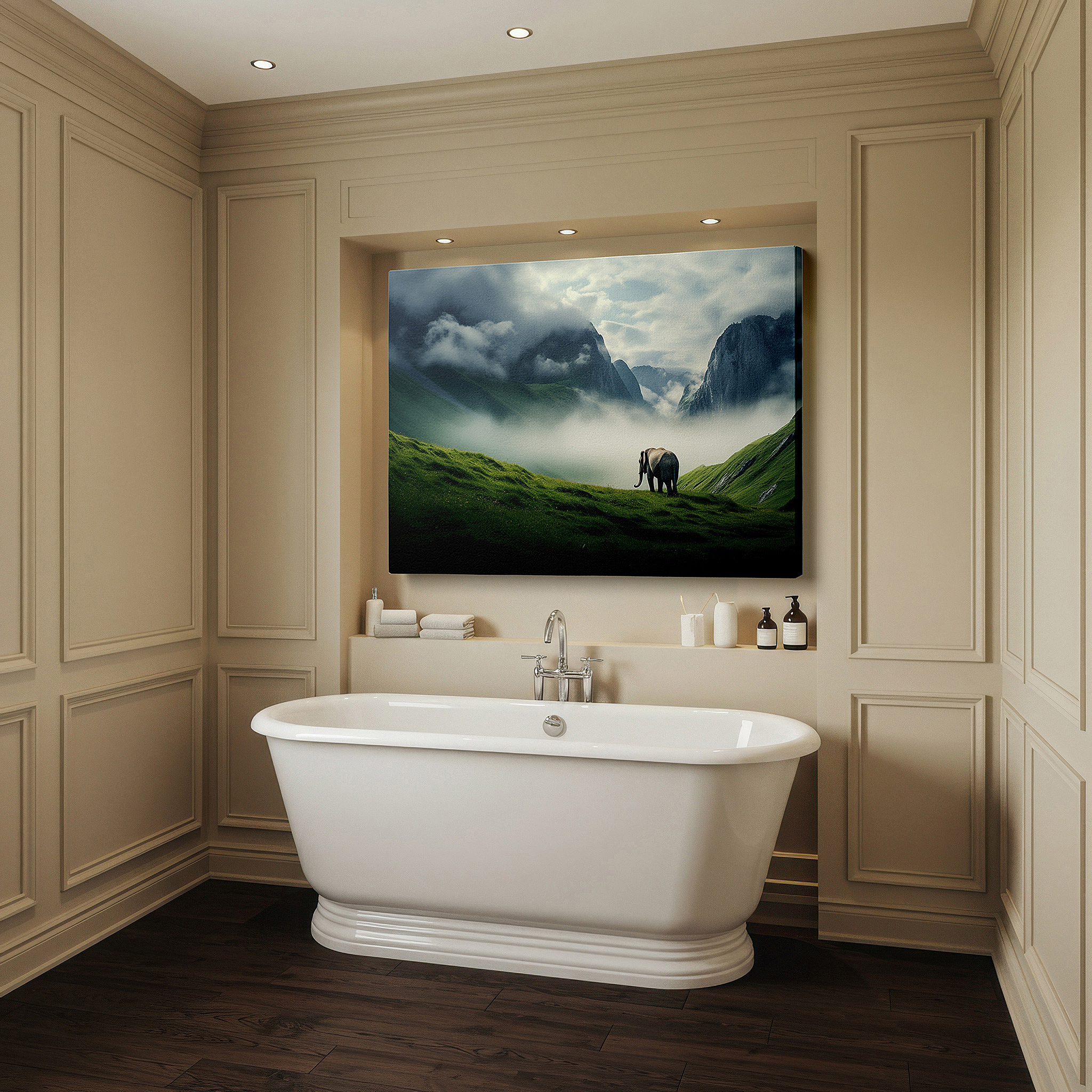 Side profile highlights a tightly wrapped canvas over a 3 cm deep stretcher — majestic elephant in misty mountains: serene nature splendor large wall art, canvas wall art, wall decor for office