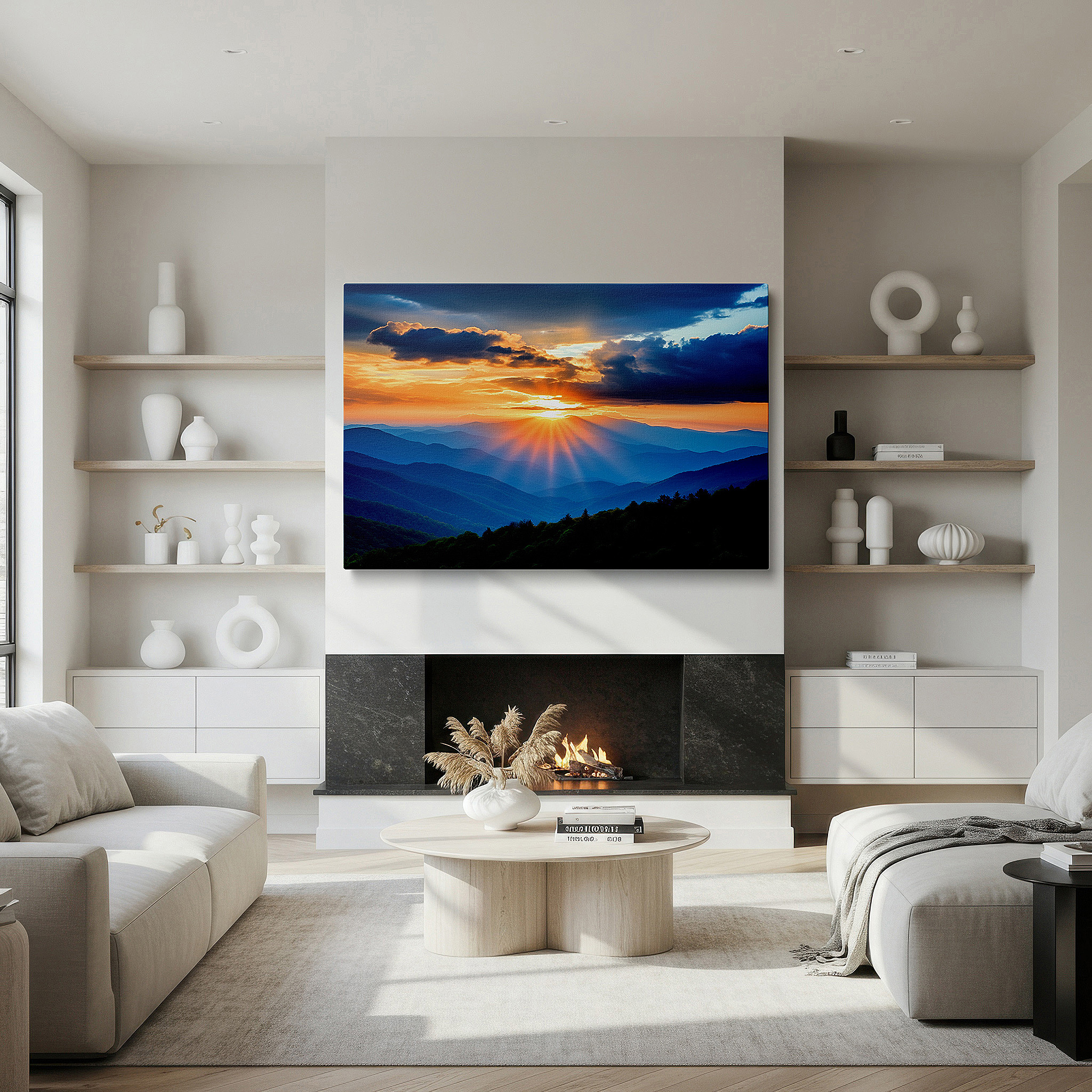 Side profile highlights a tightly wrapped canvas over a 3 cm deep stretcher — majestic mountain sunrise, tranquil dawn valley illumination large wall art, canvas wall art, wall decor for office and bedroom
