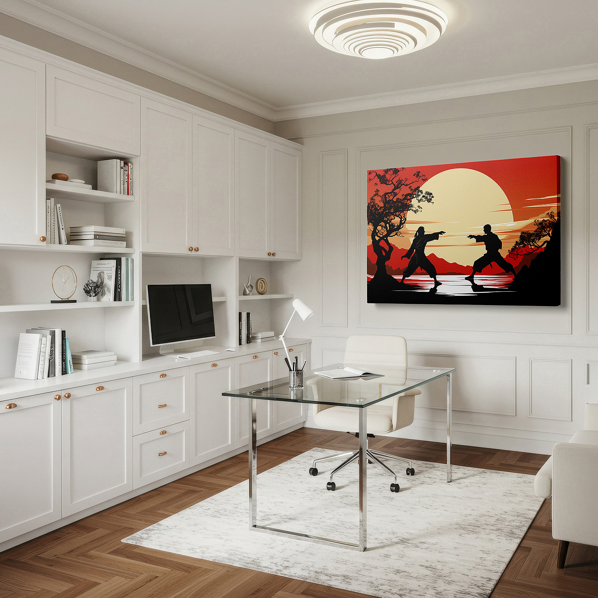 Side profile highlights a tightly wrapped canvas over a 3 cm deep stretcher — martial artists dueling at sunset - large canvas wall art, office decor