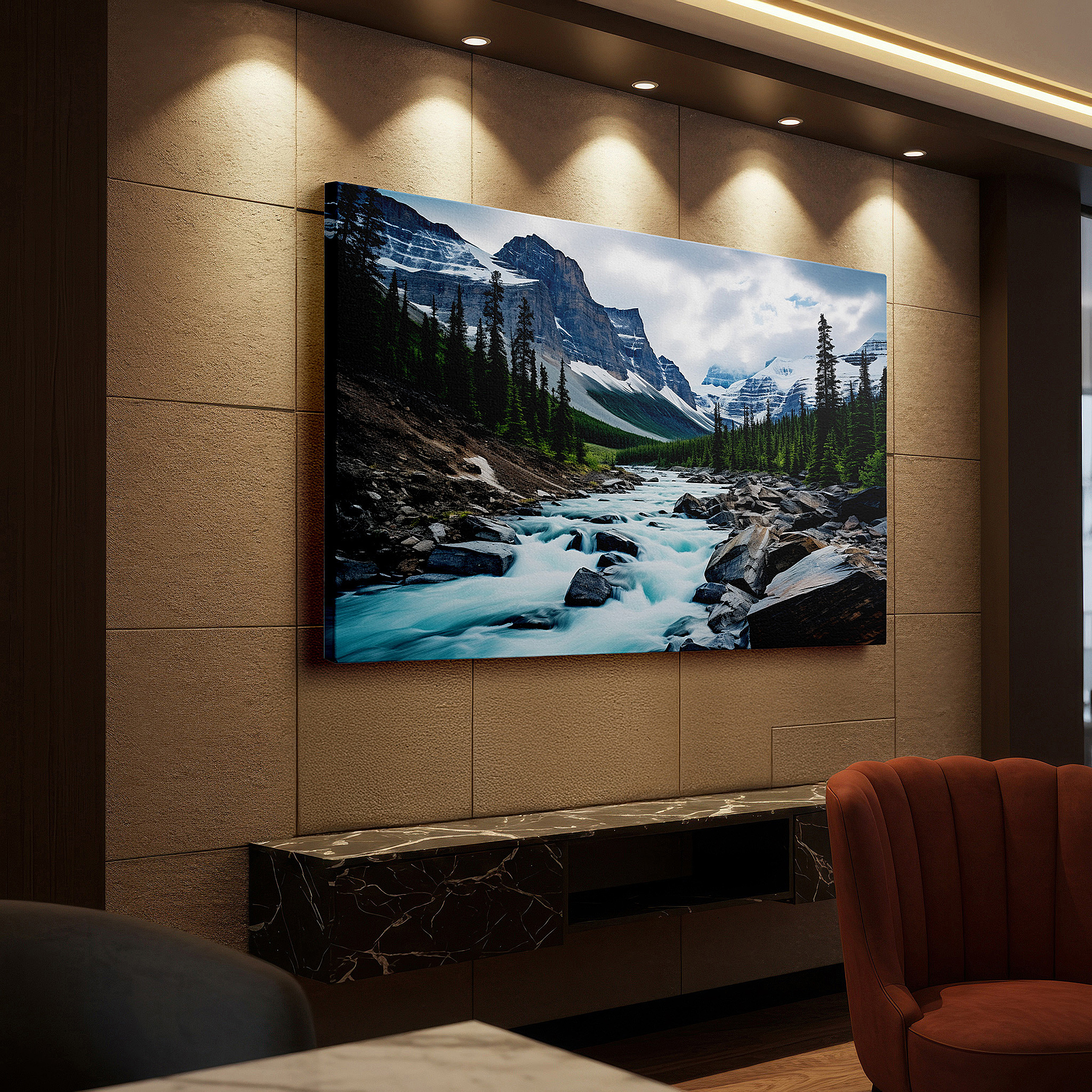 Side profile highlights a tightly wrapped canvas over a 3 cm deep stretcher — misty mountains and tranquil stream large canvas wall art for office, living room, and bedroom decor
