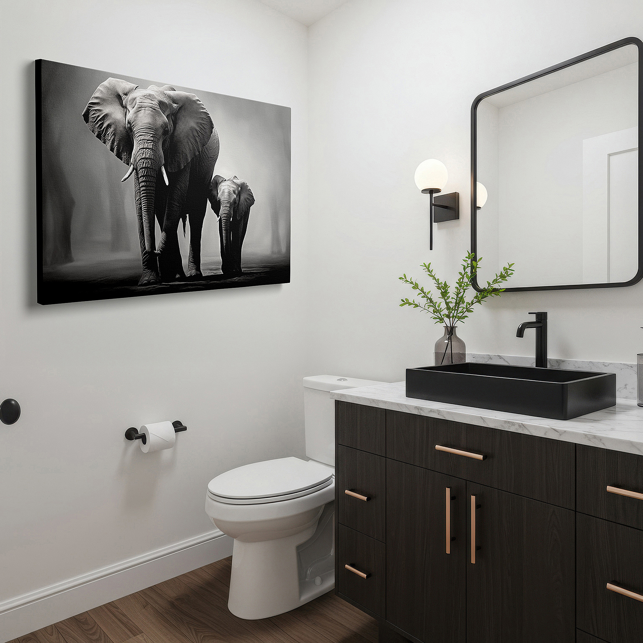 Side profile highlights a tightly wrapped canvas over a 3 cm deep stretcher — monochrome majestic elephants: celebrating family ties and conservation - large wall art, canvas wall art, wall decor for offices