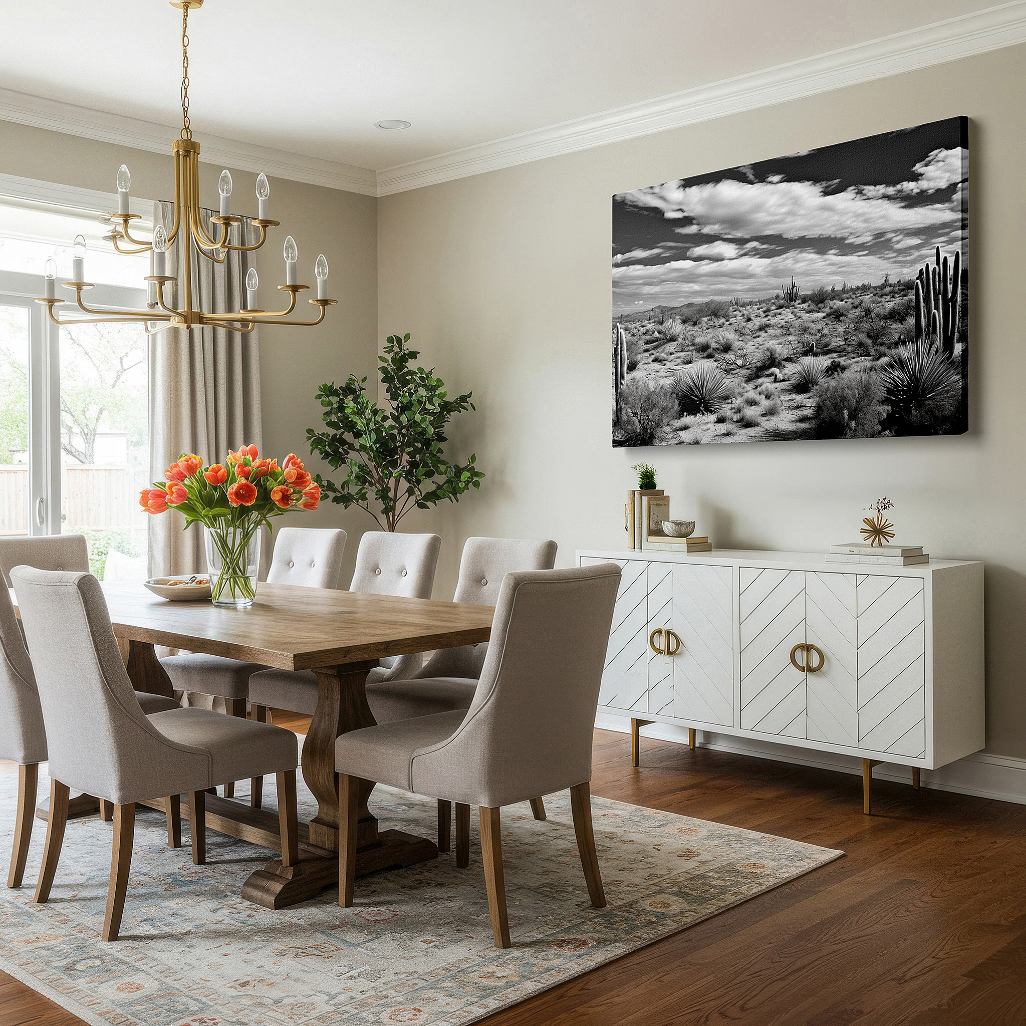 Side profile highlights a tightly wrapped canvas over a 3 cm deep stretcher — monochrome serene desert landscape with cacti large canvas wall art for office, bedroom, and living room decor