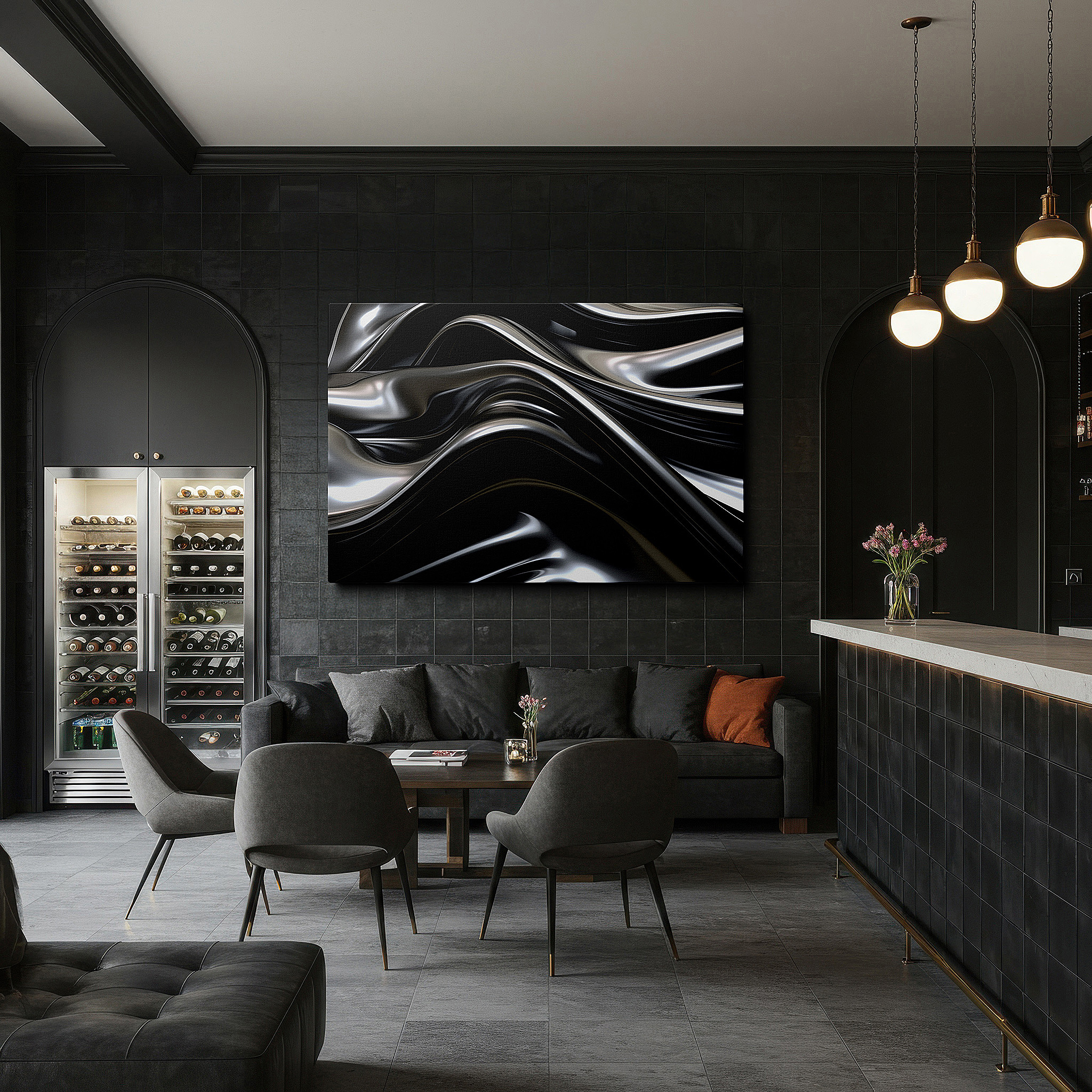 Side profile highlights a tightly wrapped canvas over a 3 cm deep stretcher — monochrome sleek metallic textures: a symphony of light and shadow - large wall art, canvas wall art, wall decor for office and bedroom