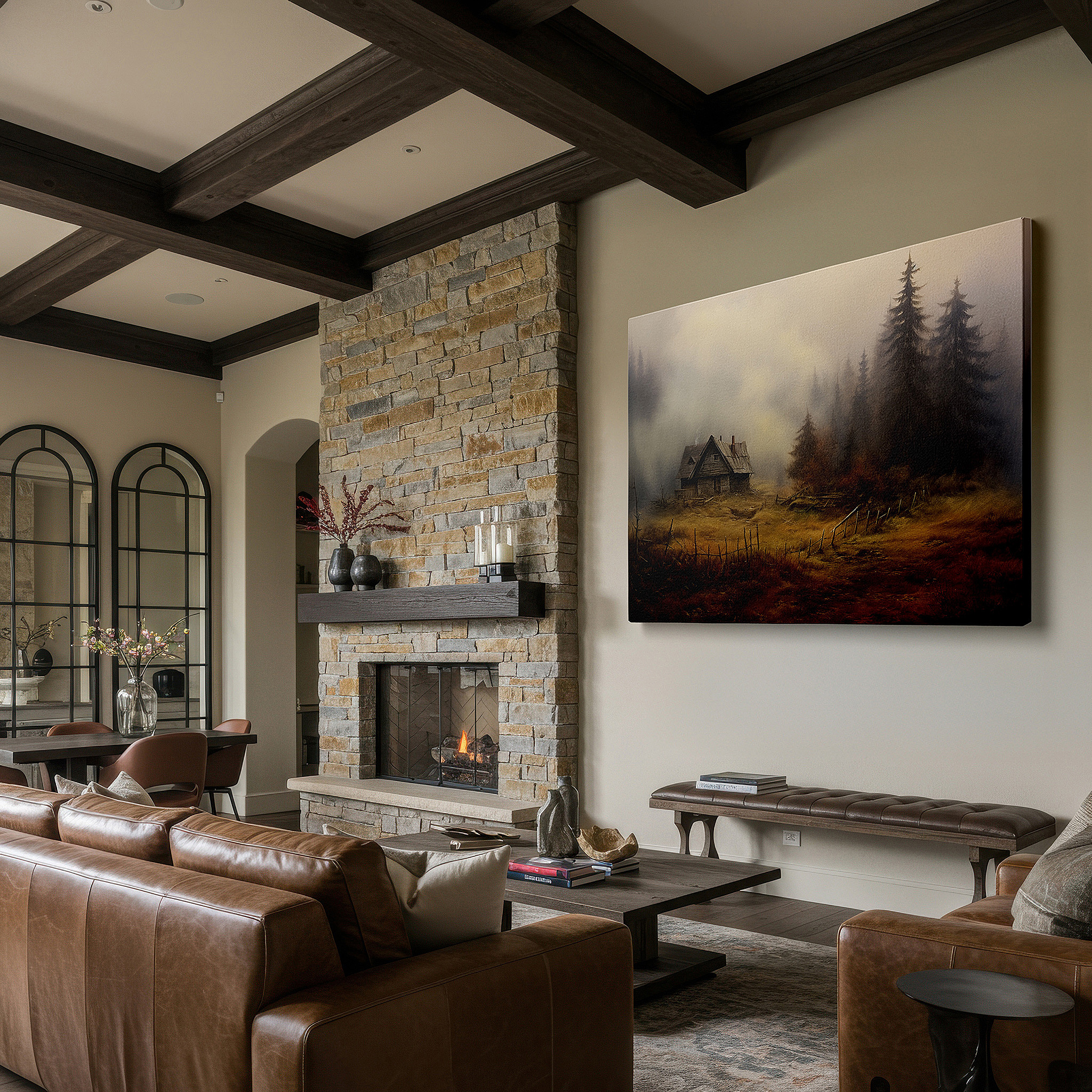 Side profile highlights a tightly wrapped canvas over a 3 cm deep stretcher — mystical dwelling surrounded by mist and woods: a timeless tale of nature's reclamation - large wall art, canvas wall art, wall decor for office