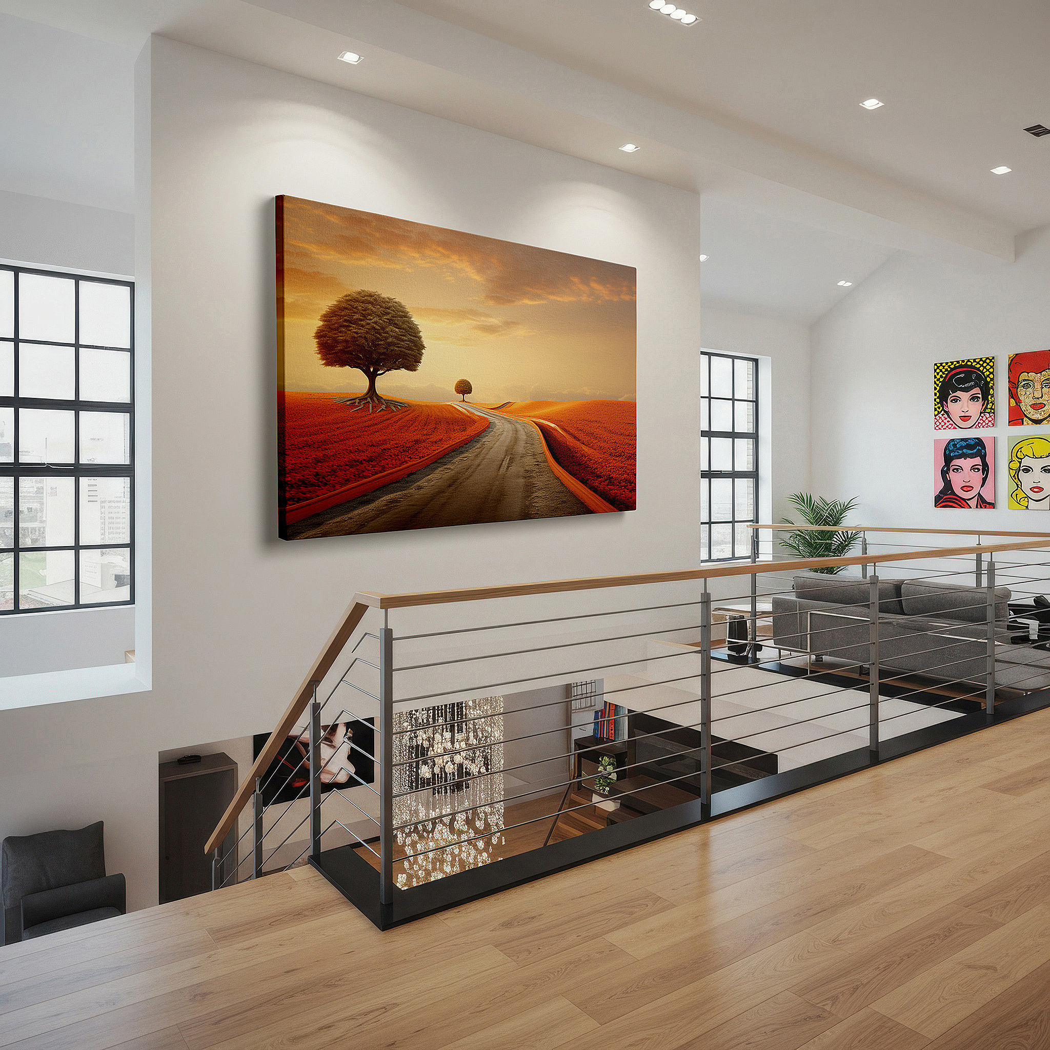 Side profile highlights a tightly wrapped canvas over a 3 cm deep stretcher — nature's palette journey - sunset glow on a winding road large canvas wall art for home and office decor