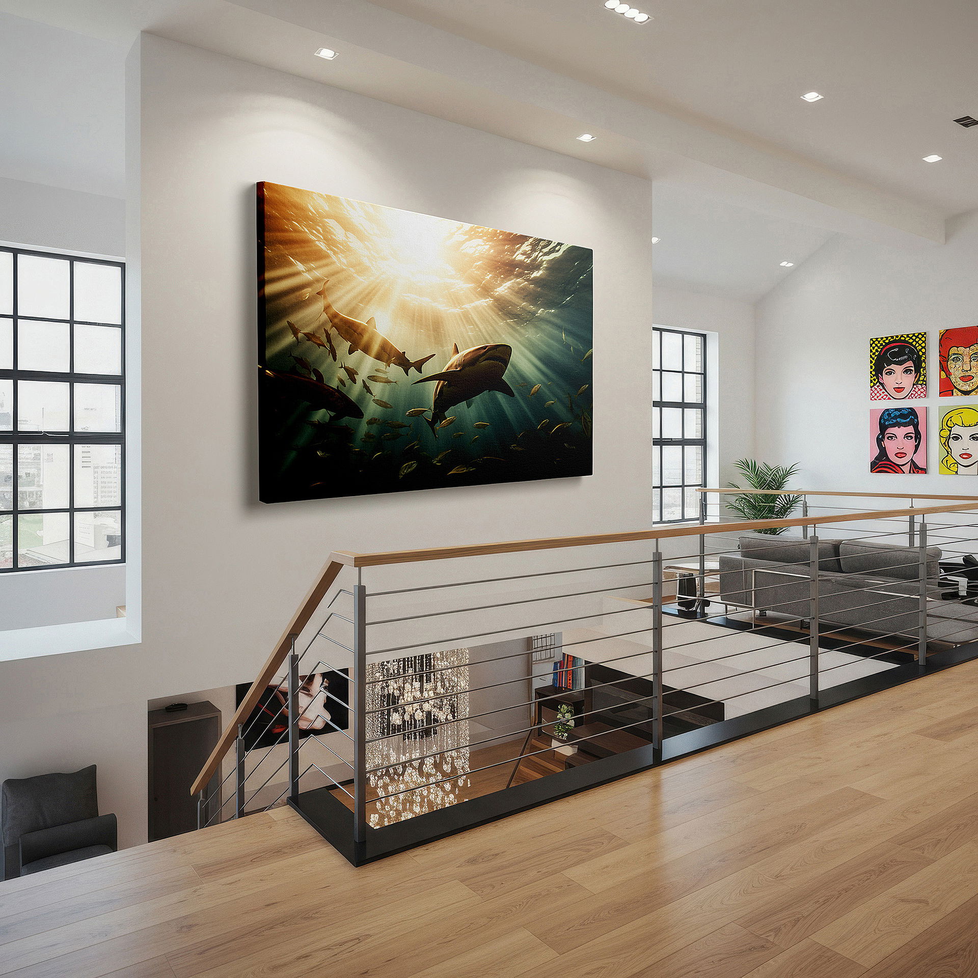 Side profile highlights a tightly wrapped canvas over a 3 cm deep stretcher — ocean serenity: sunlit sharks and colorful marine life - large canvas wall art for office, bedroom, and living room decor