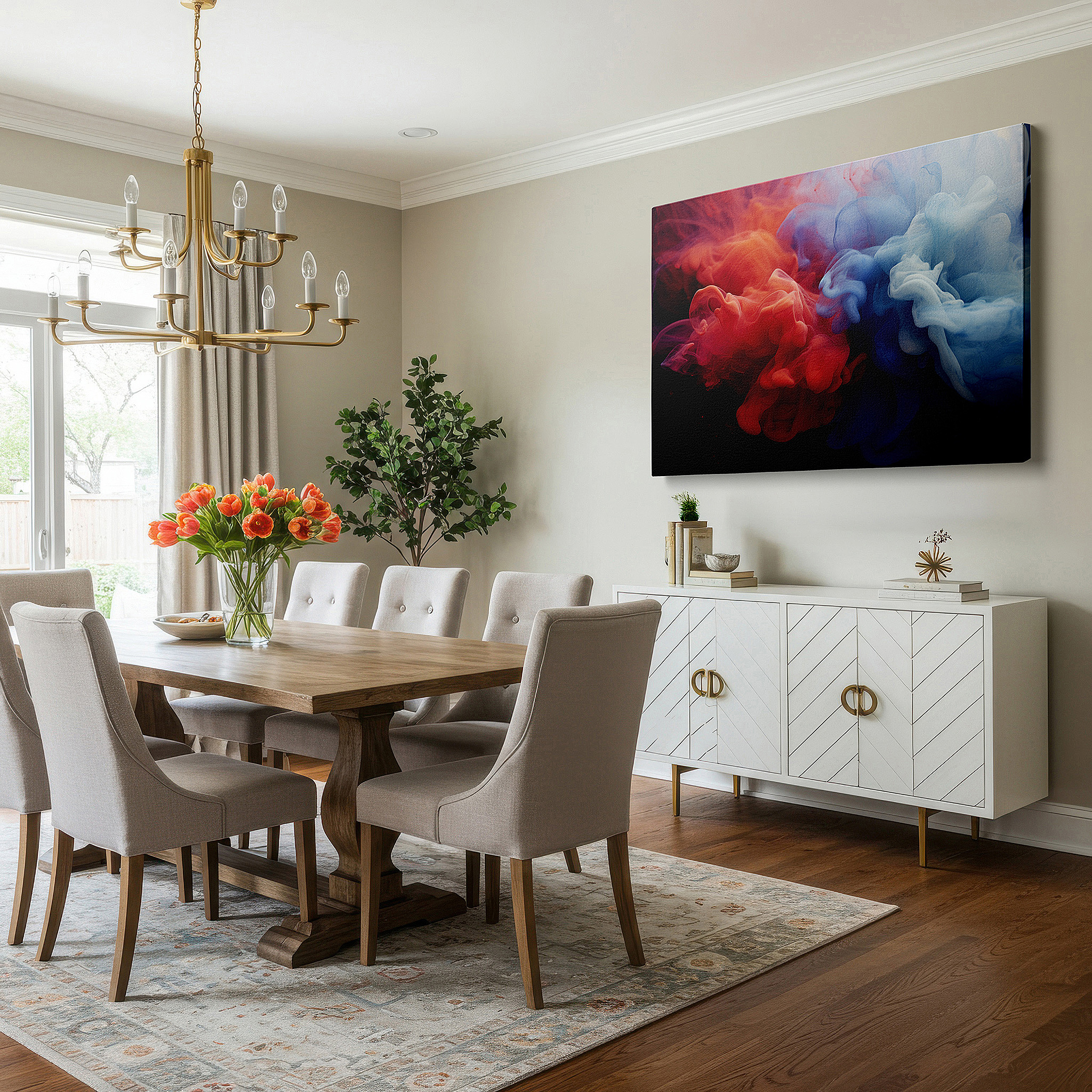 Side profile highlights a tightly wrapped canvas over a 3 cm deep stretcher — red and blue dance of fire and water large canvas wall art for office and bedroom decor