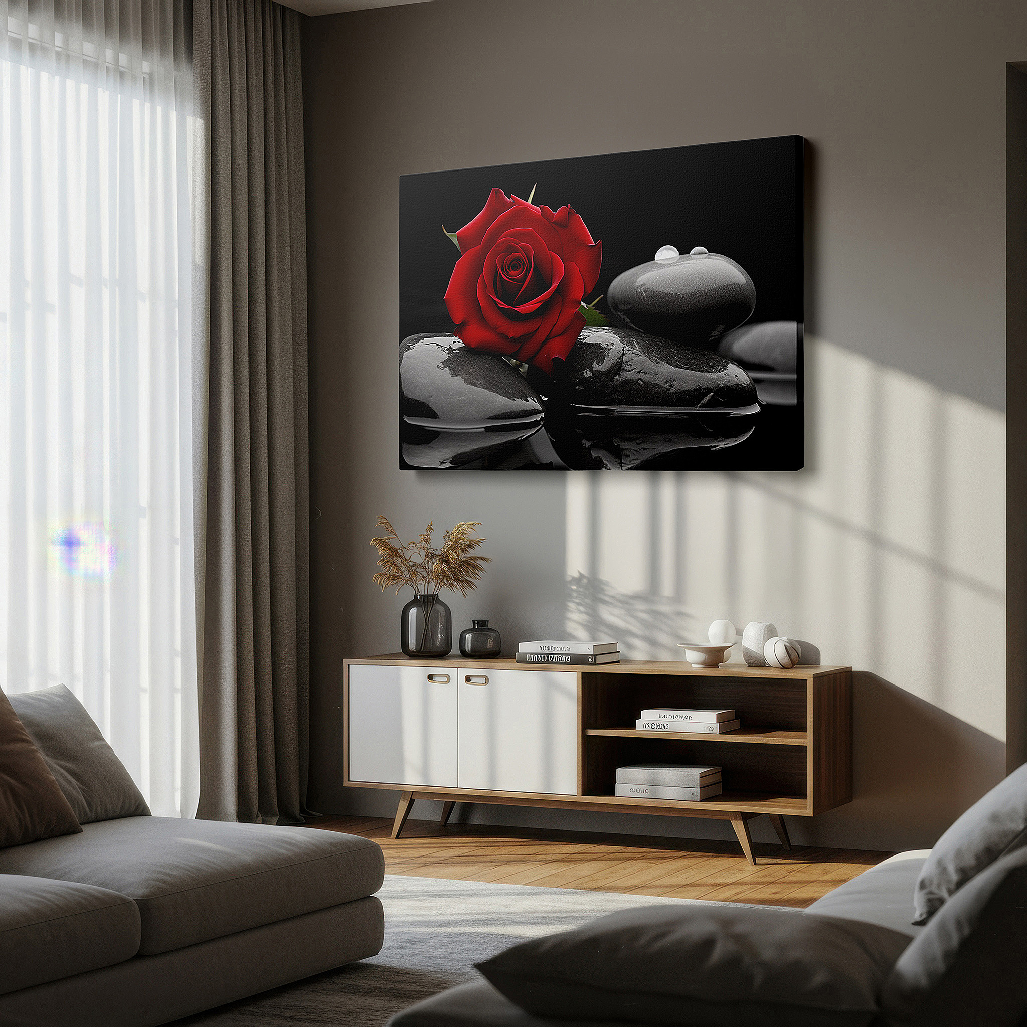 Side profile highlights a tightly wrapped canvas over a 3 cm deep stretcher — red rose on black stones wall art: a symphony of contrast and harmony - large canvas art for home and office decor, perfect for living room and bedroom
