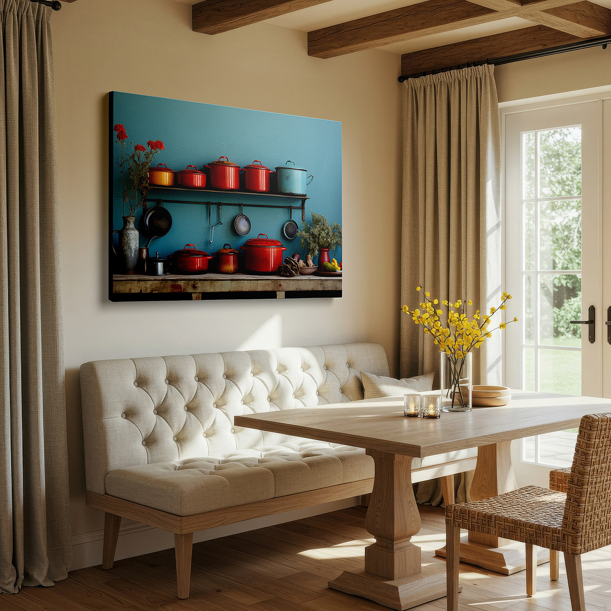 Side profile highlights a tightly wrapped canvas over a 3 cm deep stretcher — rustic and warm vibrant kitchen scene large wall art, canvas decor for office, bedroom, and living spaces