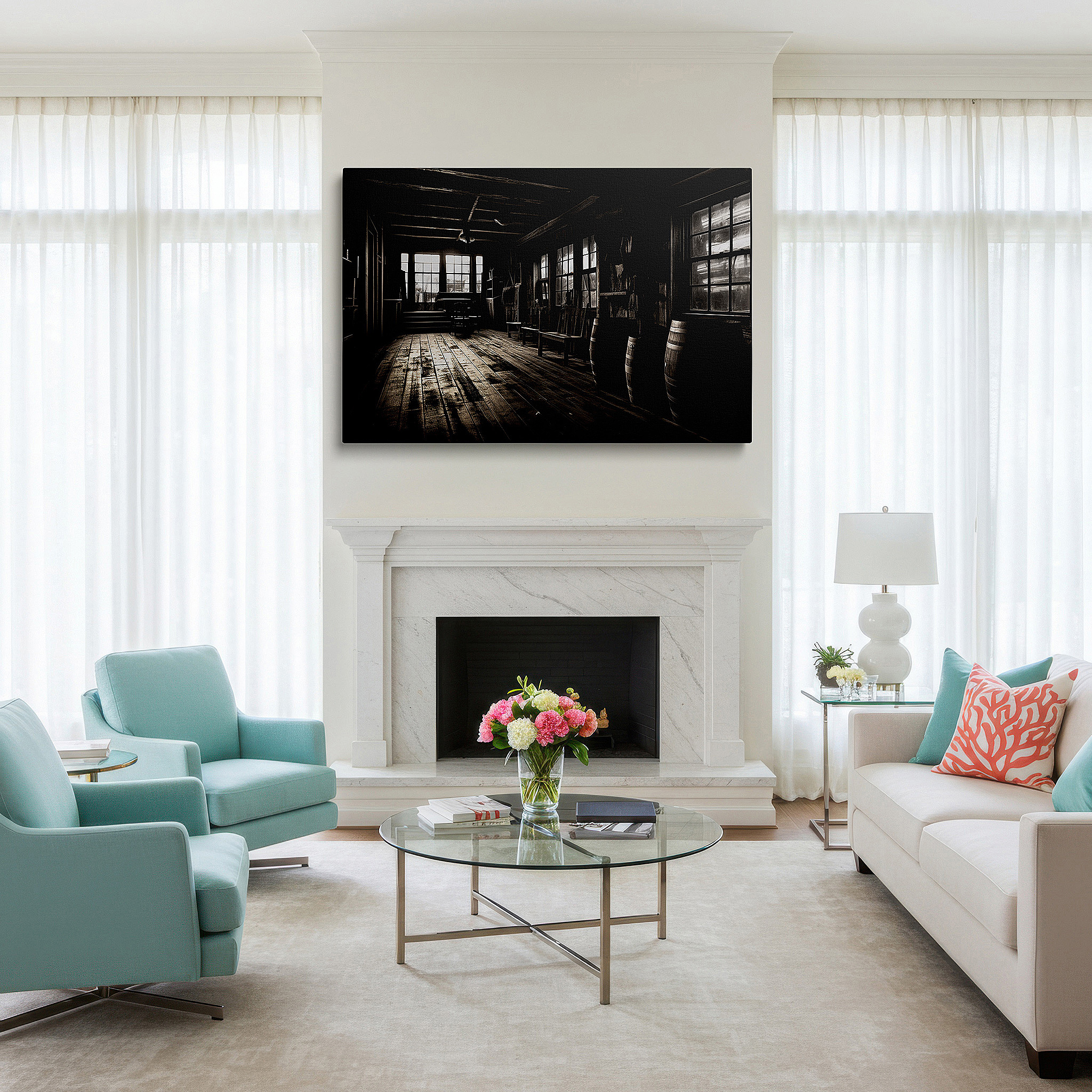 Side profile highlights a tightly wrapped canvas over a 3 cm deep stretcher — rustic wooden beams in moody black and white - large canvas wall art for office, bedroom, and living room decor