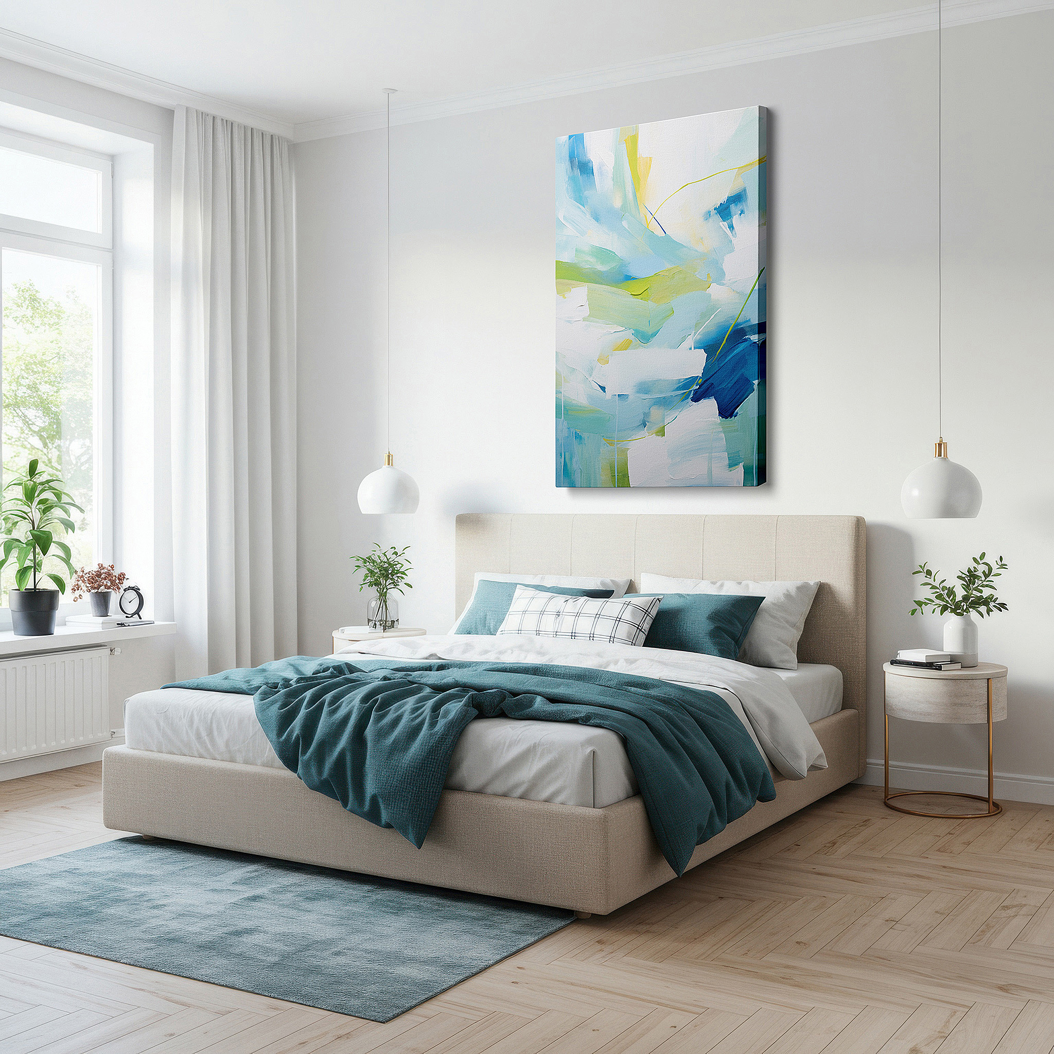 Side profile highlights a tightly wrapped canvas over a 3 cm deep stretcher — serene abstract art in soft blues and greens for peaceful spaces, large canvas wall art for office, bedroom, and living room decor