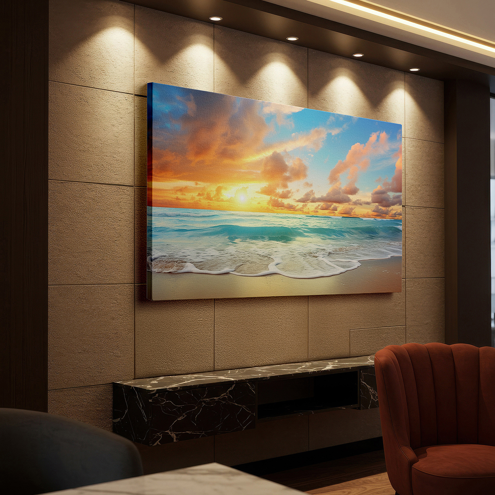 Side profile highlights a tightly wrapped canvas over a 3 cm deep stretcher — serene beach sunrise: tranquil morning beauty with golden light on ocean waves - large canvas wall art for home and office decor