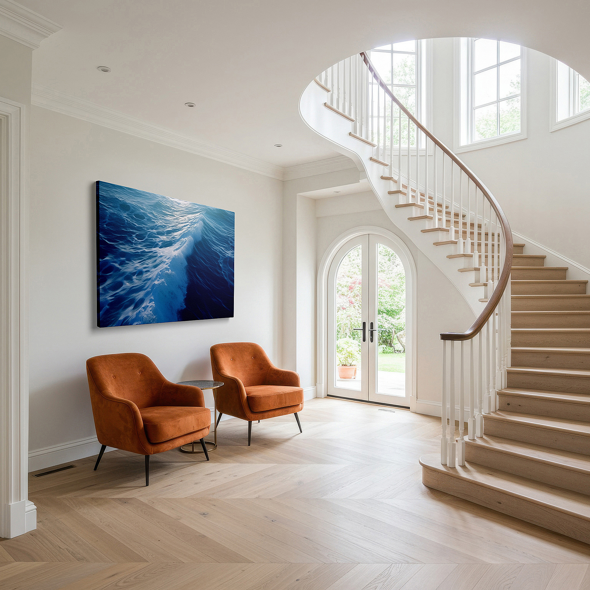Side profile highlights a tightly wrapped canvas over a 3 cm deep stretcher — serene blues symphony: radiant sunlight and gentle waves - large canvas wall art for office and bedroom decor