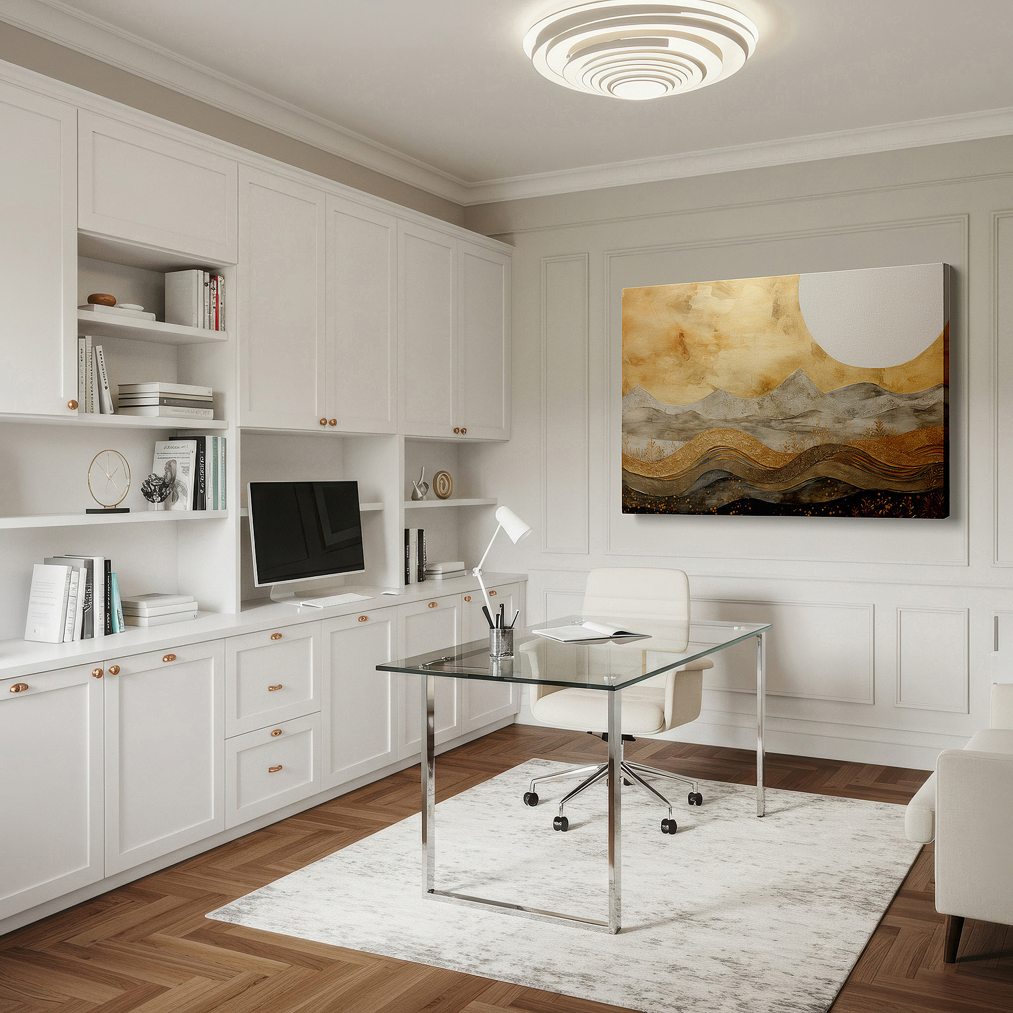 Side profile highlights a tightly wrapped canvas over a 3 cm deep stretcher — serene hills and valleys in warm gold tones, tranquil abstract landscape large wall art, canvas wall art, wall decor for office and bedroom