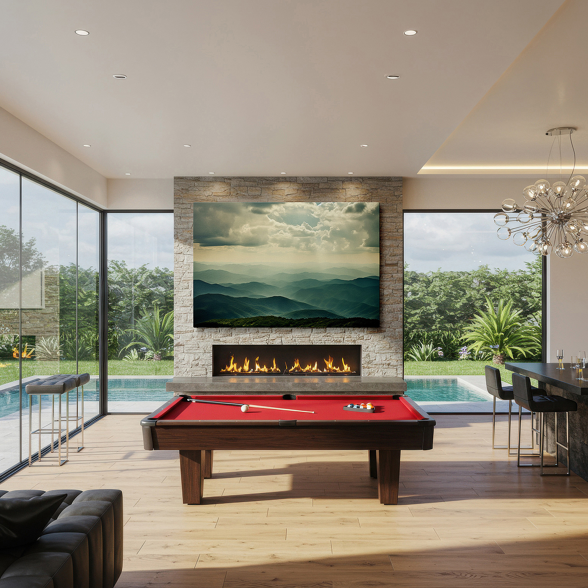 Side profile highlights a tightly wrapped canvas over a 3 cm deep stretcher — serene mountain layers illuminated by celestial light, large canvas wall art for office, bedroom, and living room decor