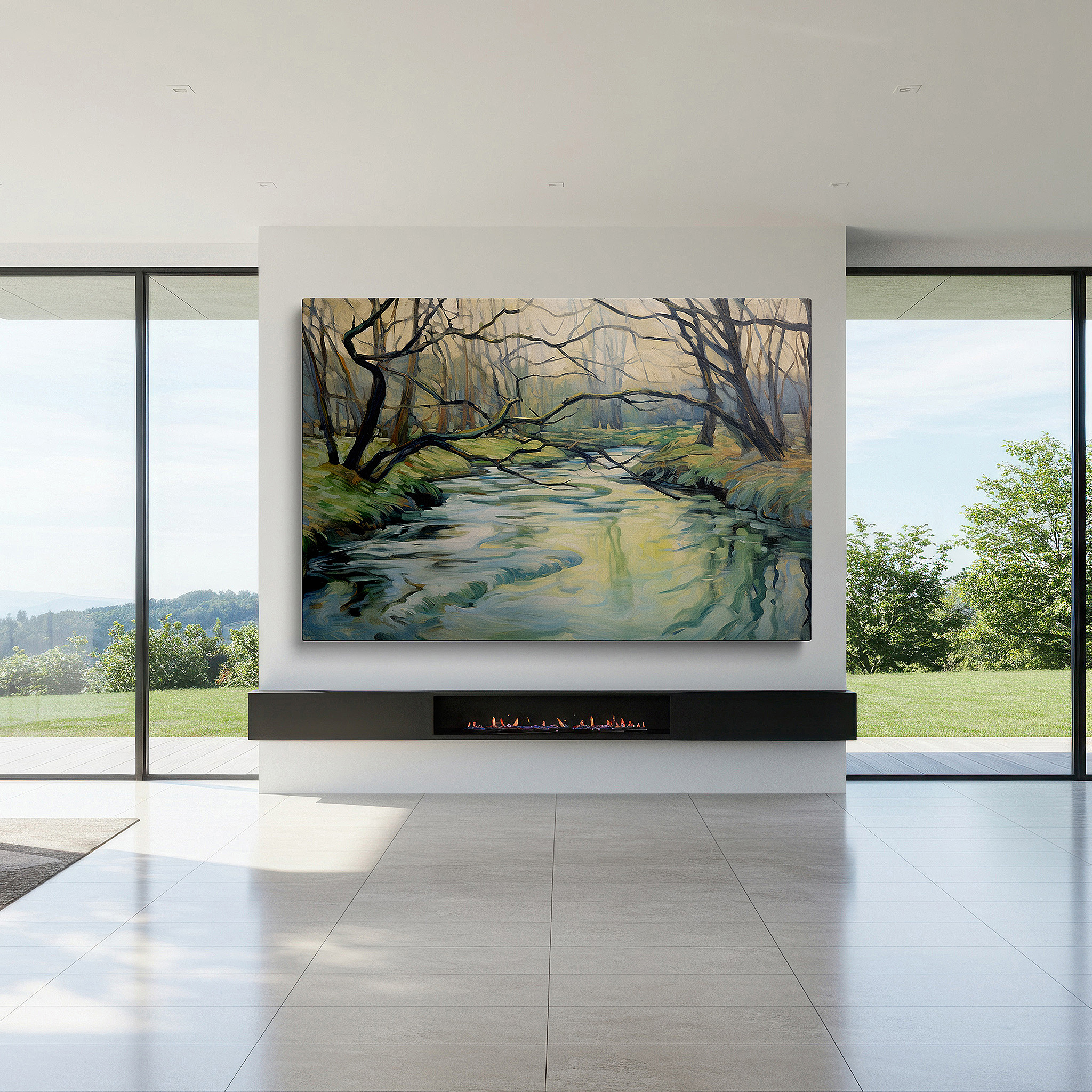 Side profile highlights a tightly wrapped canvas over a 3 cm deep stretcher — serene river amidst lush forest, tranquil nature canopy large wall art, canvas wall art, wall decor for office and bedroom