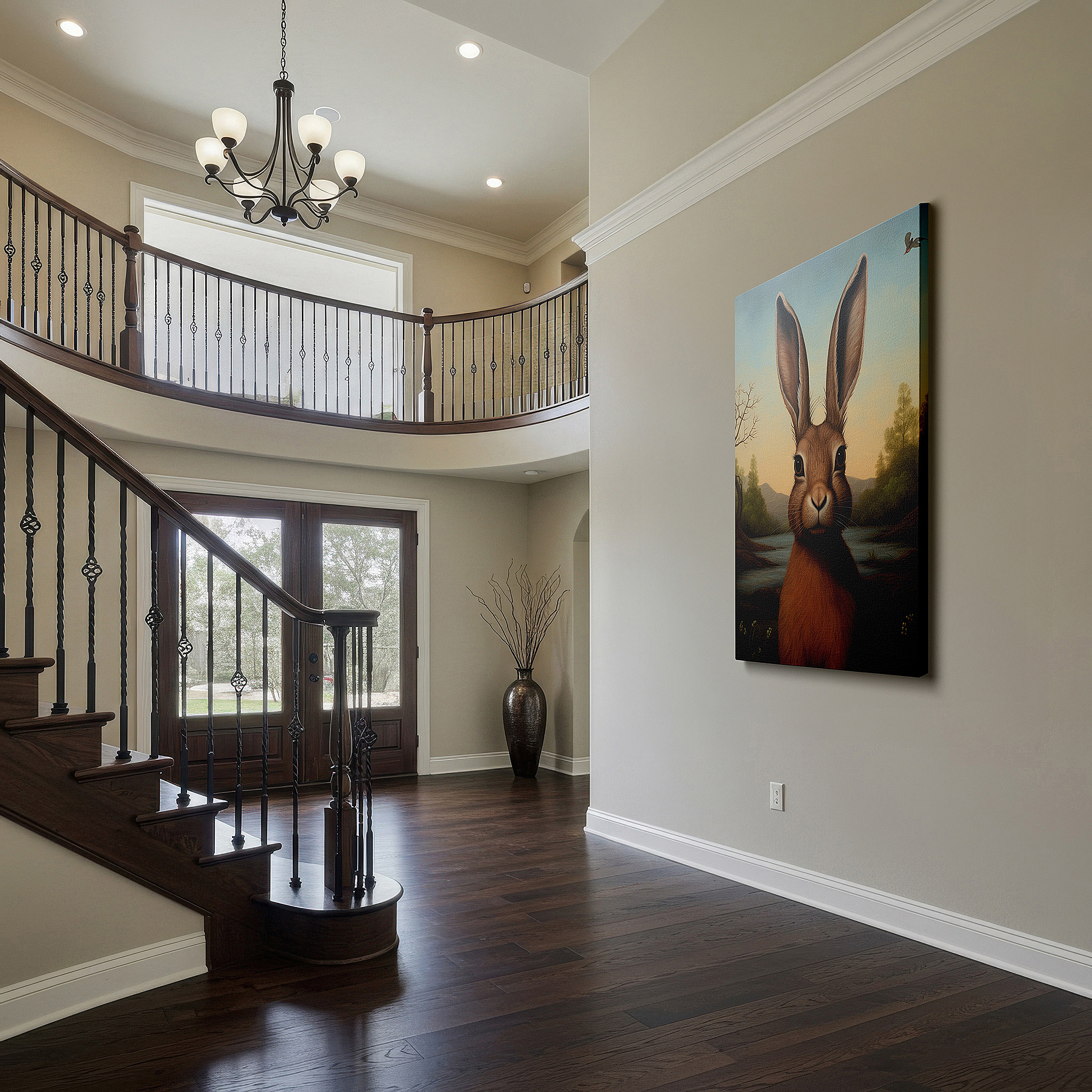 Side profile highlights a tightly wrapped canvas over a 3 cm deep stretcher — serene riverside rabbit: large canvas wall art featuring nature and wildlife, perfect for office decor