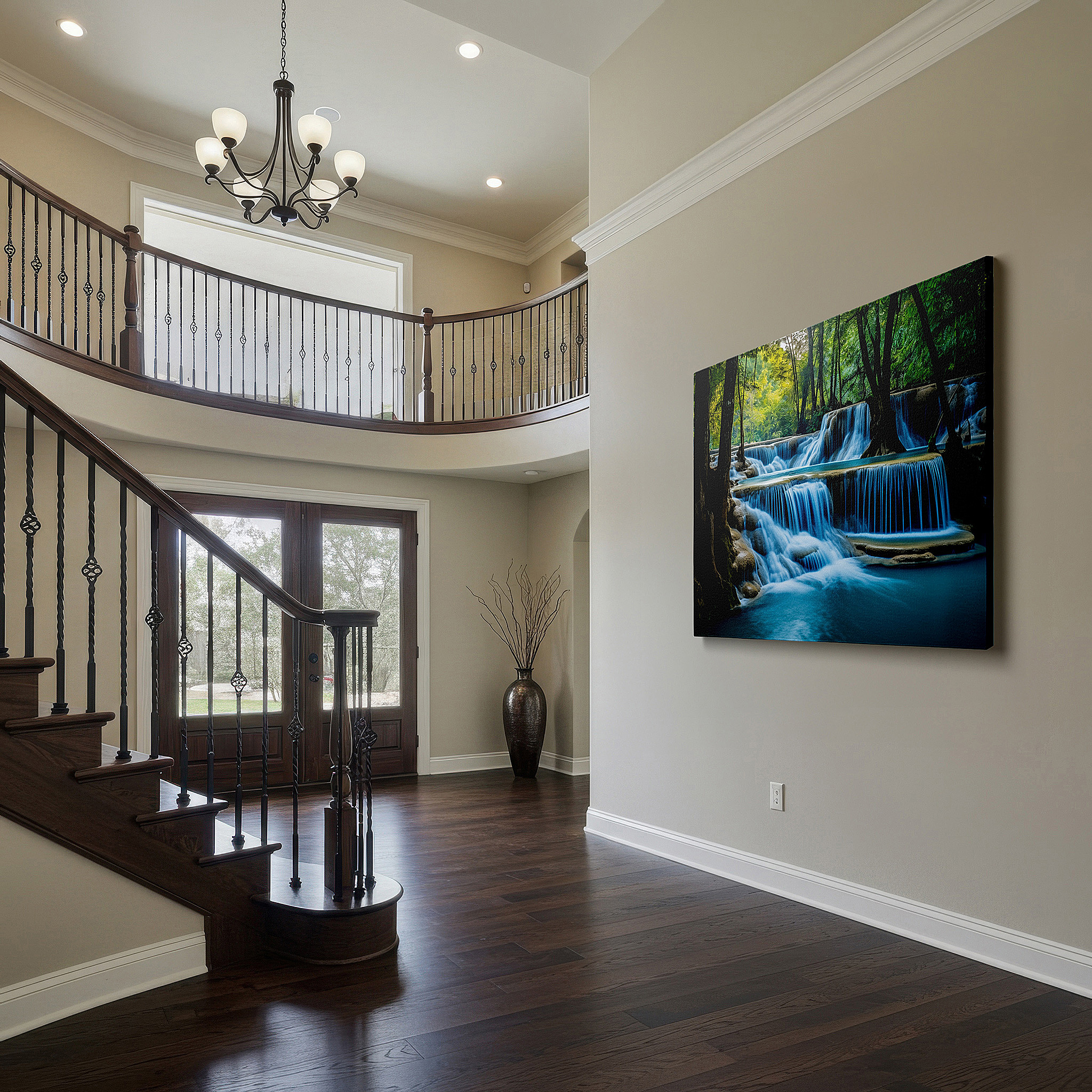 Side profile highlights a tightly wrapped canvas over a 3 cm deep stretcher — serene waterfall oasis large canvas wall art amidst lush forest majesty for office, bedroom, and living room decor