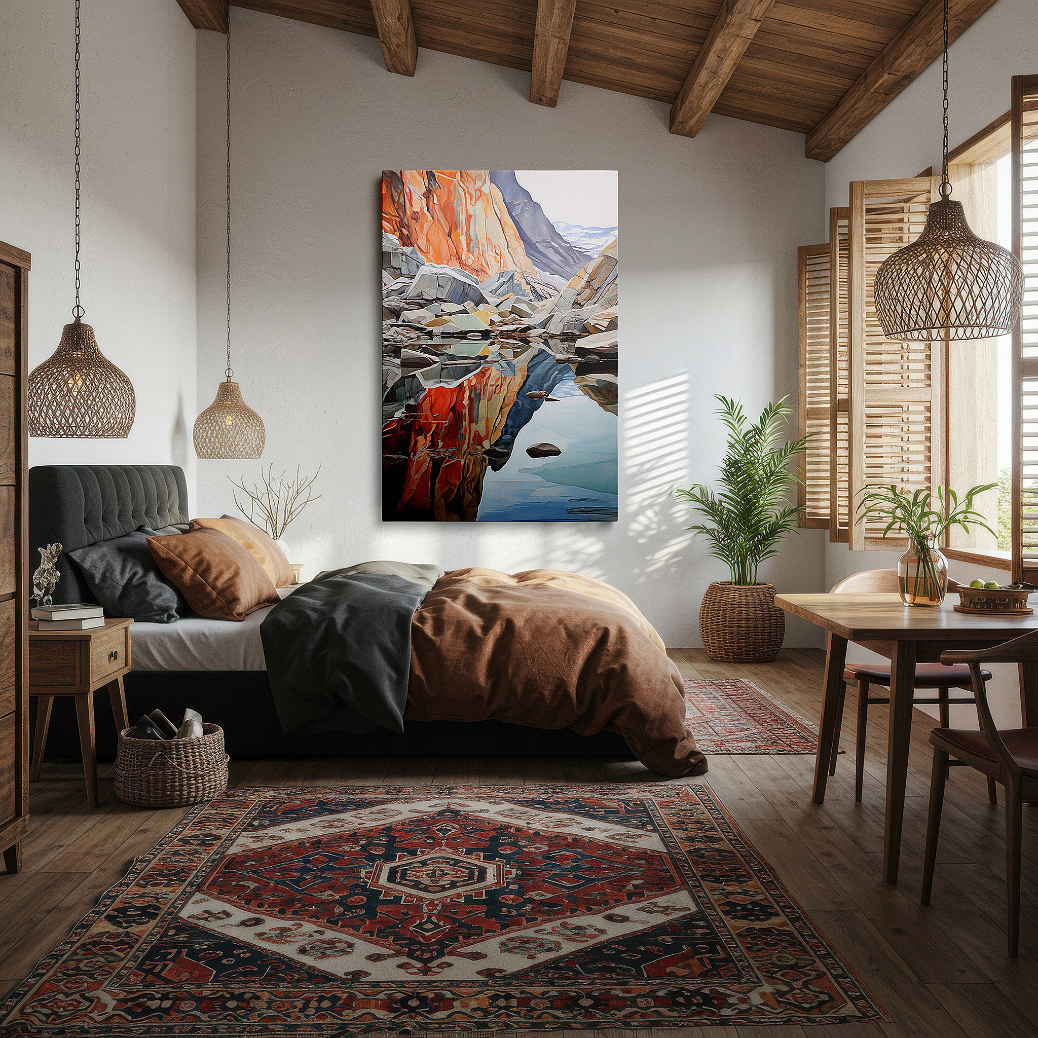 Side profile highlights a tightly wrapped canvas over a 3 cm deep stretcher — serene waters and grand rocks - nature's peaceful symphony large wall art, canvas wall art, wall decor for office and bedroom