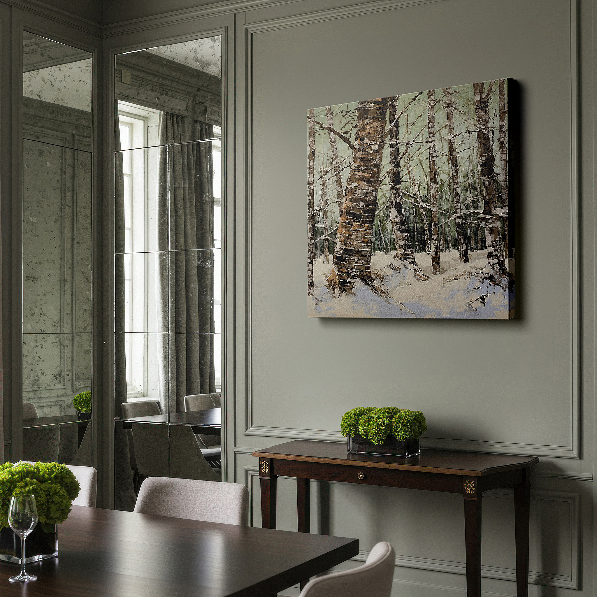 Side profile highlights a tightly wrapped canvas over a 3 cm deep stretcher — serene winter birch trees in snowy quietude large canvas wall art for office, bedroom, and living room decor