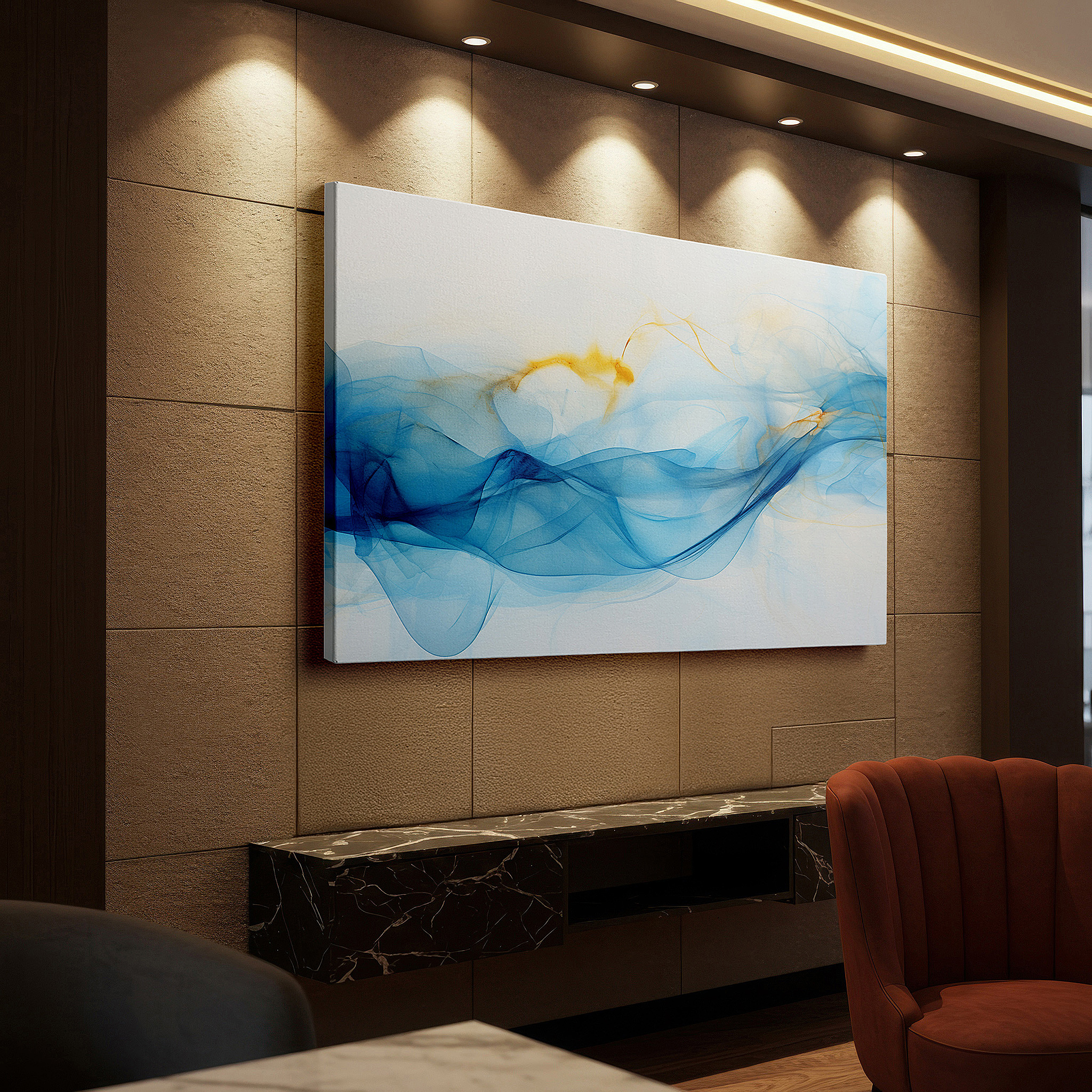 Side profile highlights a tightly wrapped canvas over a 3 cm deep stretcher — soothing blue and orange ethereal waves: tranquil and invigorating large wall art for office and bedroom decor, canvas wall art