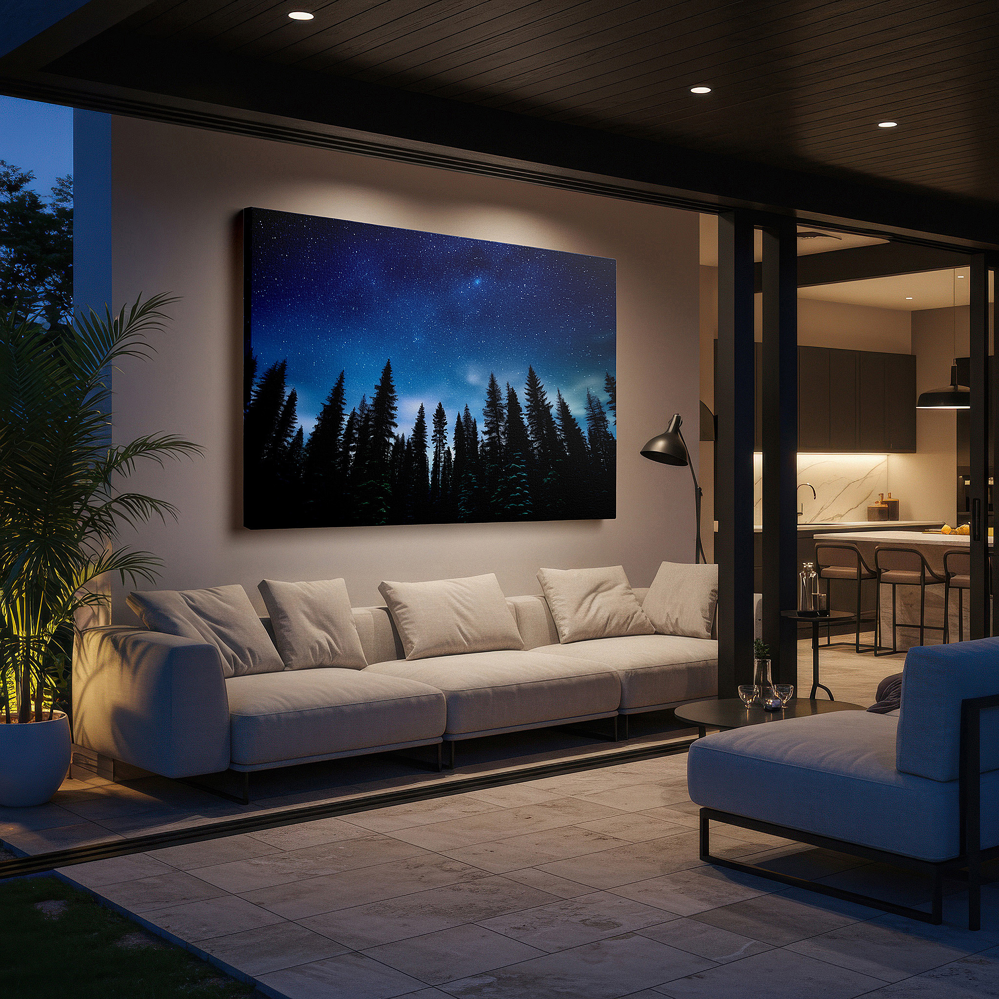 Side profile highlights a tightly wrapped canvas over a 3 cm deep stretcher — starry night with majestic pine silhouettes large canvas wall art for office and bedroom decor