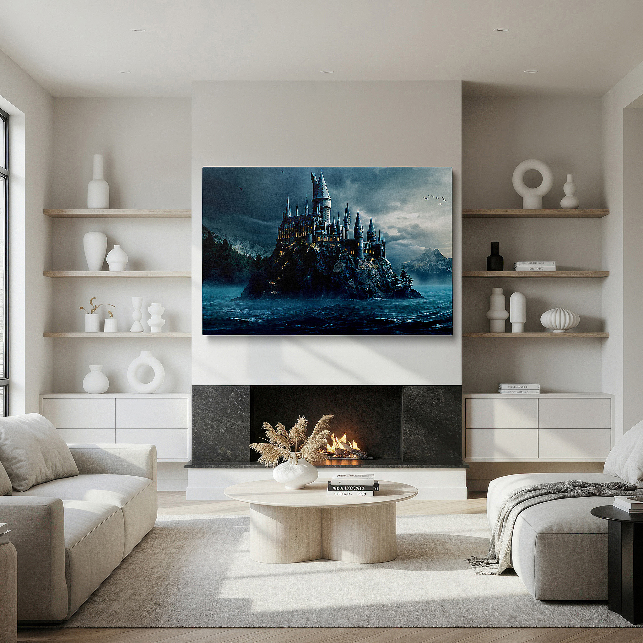 Side profile highlights a tightly wrapped canvas over a 3 cm deep stretcher — stormy skies over majestic castle on rocky shoreline - large canvas wall art for office, bedroom, and living room decor