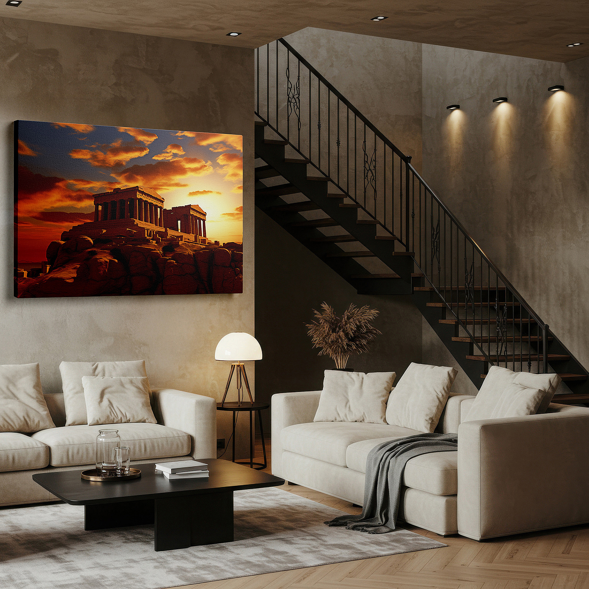 Side profile highlights a tightly wrapped canvas over a 3 cm deep stretcher — sunset glow over ancient greek temple, timeless nature-inspired large wall art for office and bedroom decor