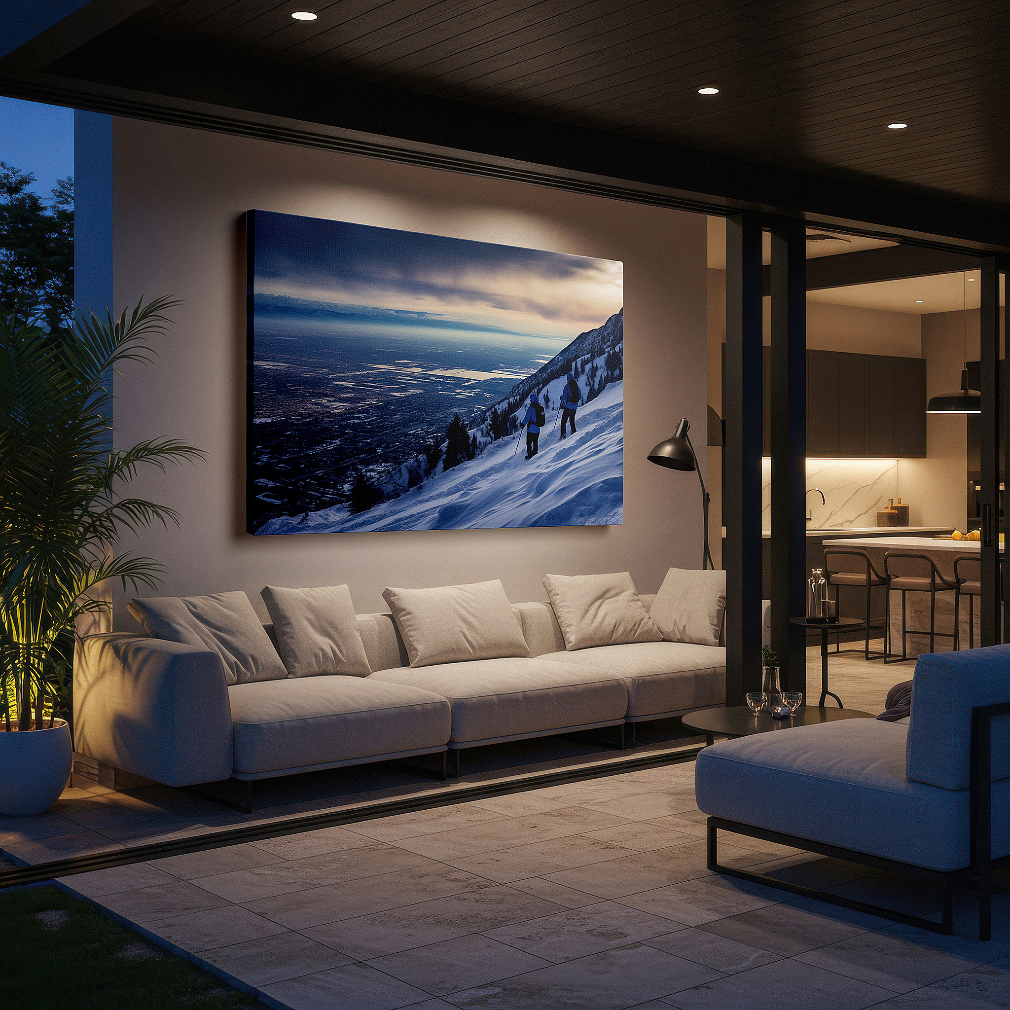 Side profile highlights a tightly wrapped canvas over a 3 cm deep stretcher — sunset hikers in a snowy mountain landscape: a vivid adventure and nature's beauty - large canvas wall art for office decor