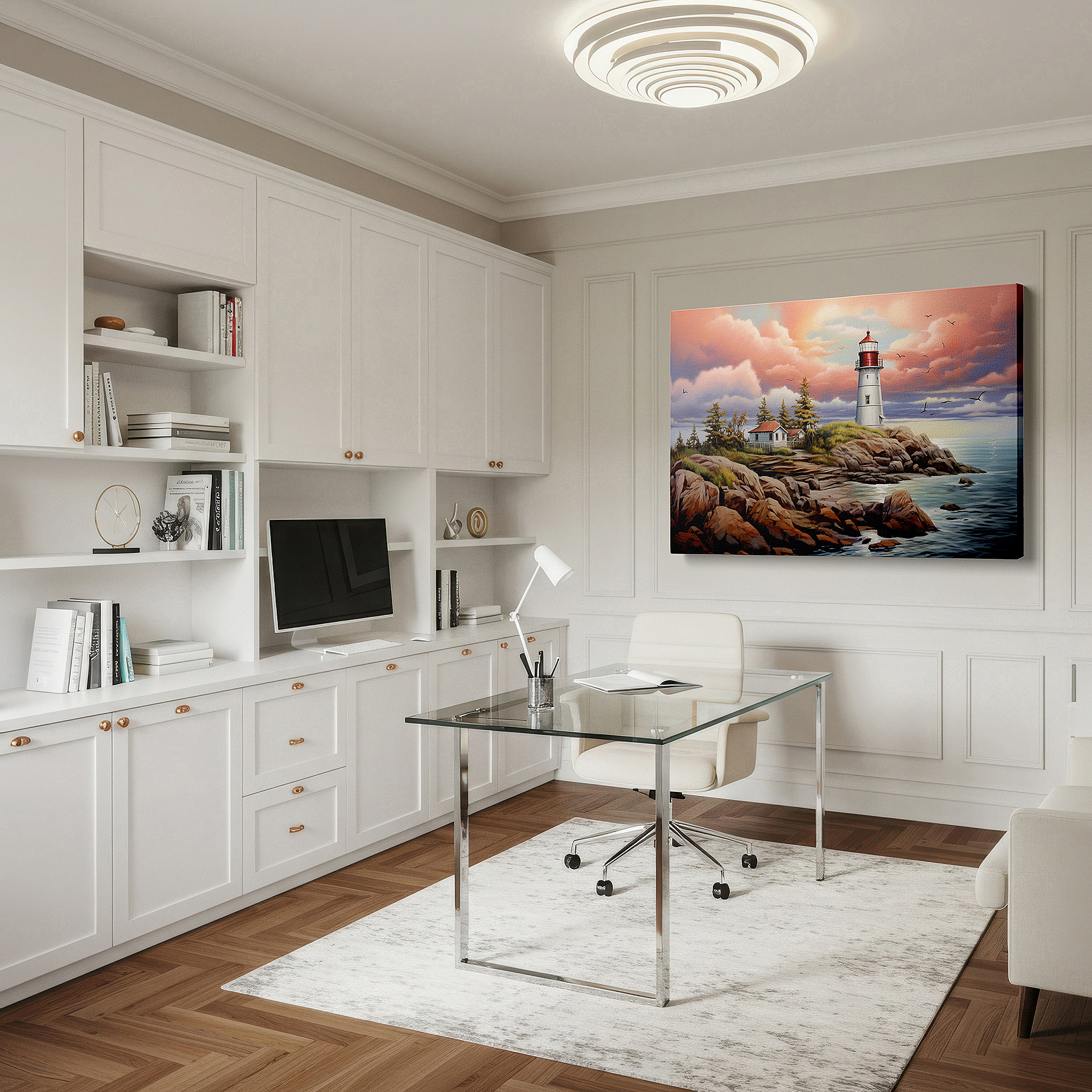 Side profile highlights a tightly wrapped canvas over a 3 cm deep stretcher — sunset at the majestic lighthouse: a beacon of hope on the rugged coast - large canvas wall art for office and bedroom decor