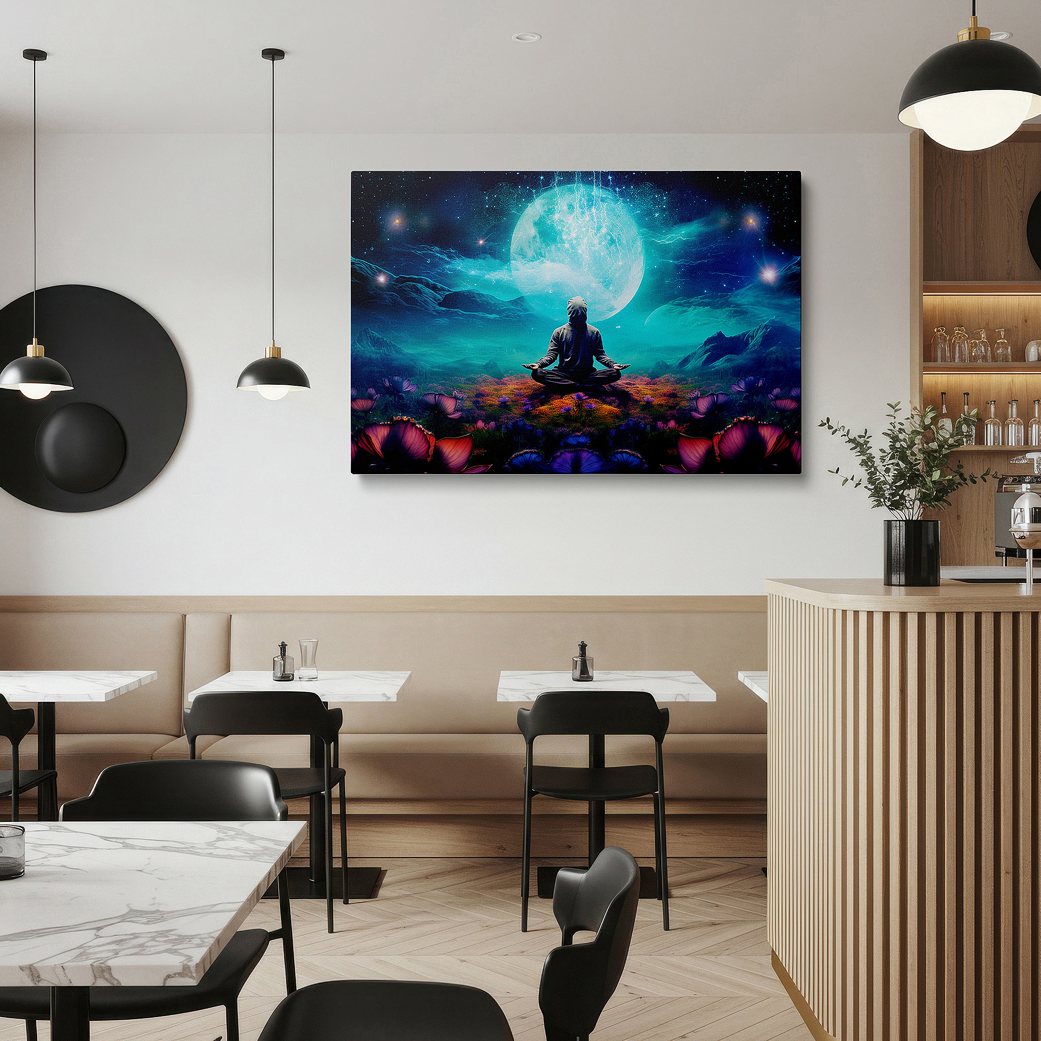 Side profile highlights a tightly wrapped canvas over a 3 cm deep stretcher — tranquil meditation under the celestial moon wall art: a harmonious blend of nature and cosmos, large canvas wall art for office decor
