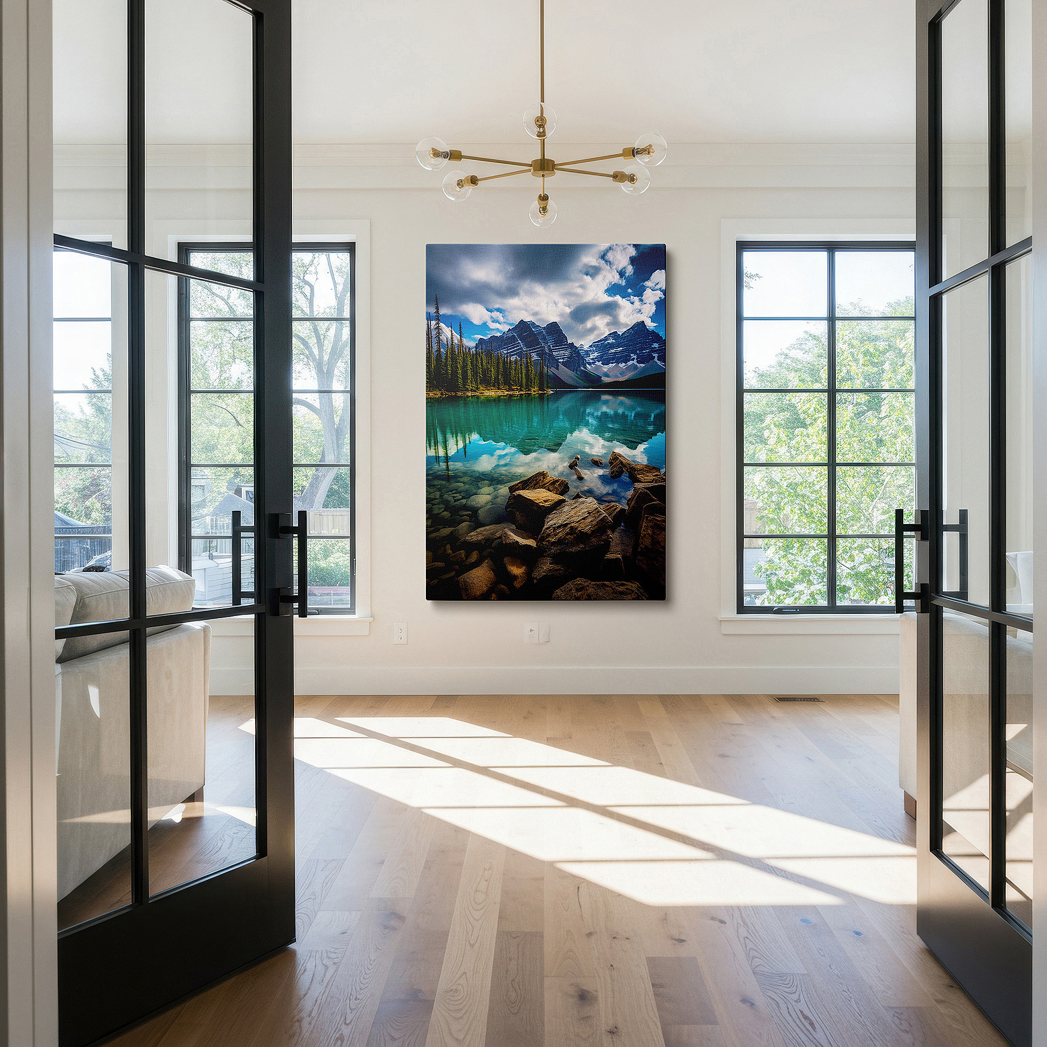Side profile highlights a tightly wrapped canvas over a 3 cm deep stretcher — tranquil mountain lake surrounded by majestic peaks with reflective dynamic skies, large canvas wall art for office and bedroom decor