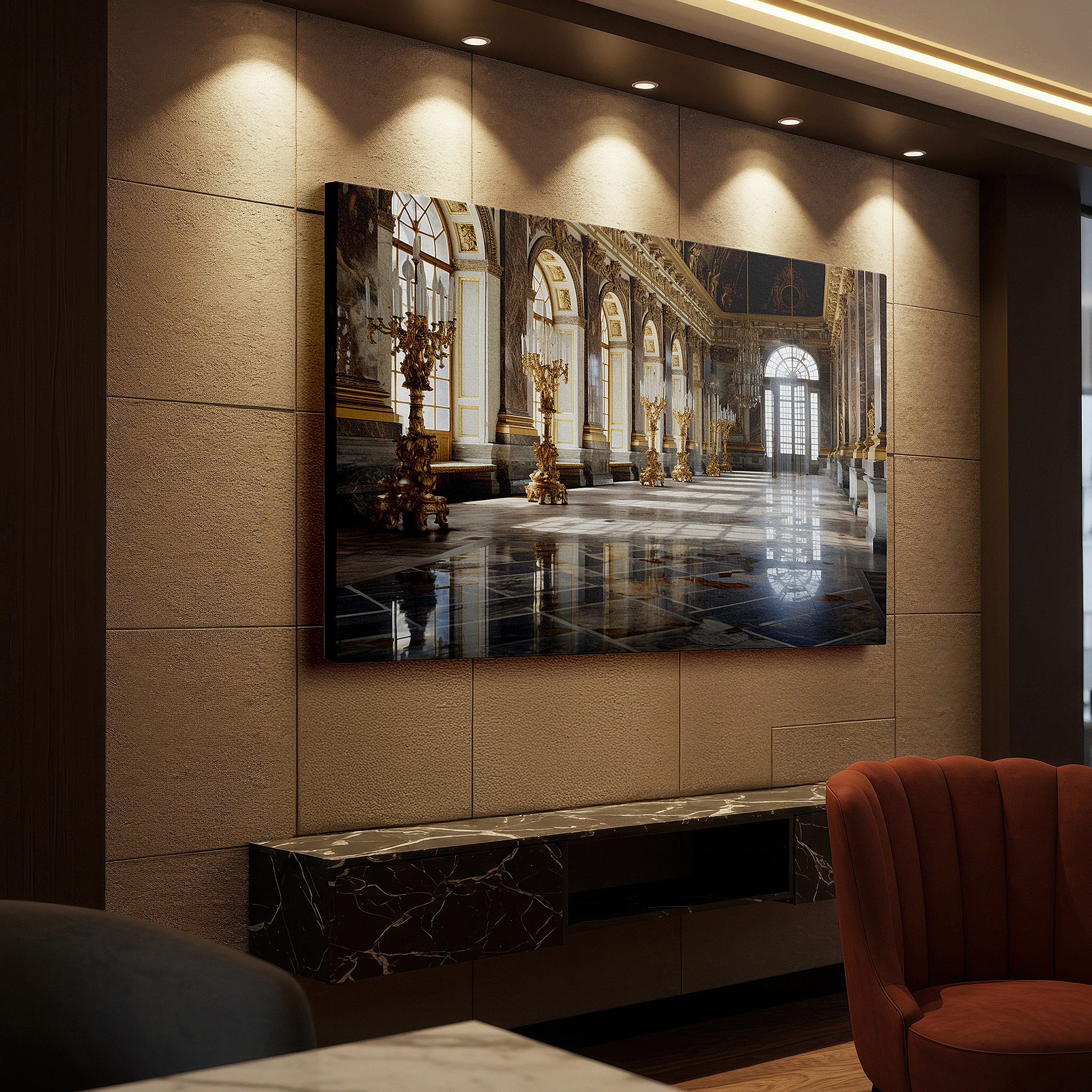 Side profile highlights a tightly wrapped canvas over a 3 cm deep stretcher — versailles palace hall of mirrors - explore the magnificence of french royalty with large canvas wall art for home and office decor