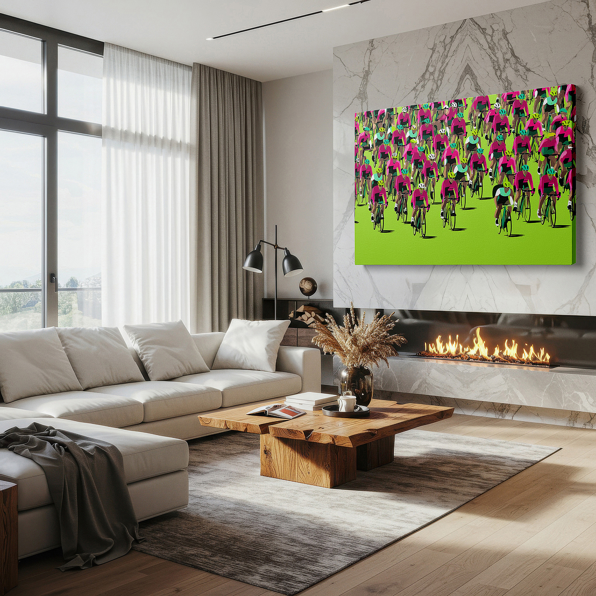 Side profile highlights a tightly wrapped canvas over a 3 cm deep stretcher — vibrant cycling race wall art: experience the excitement and motion of sports with a lush green background, perfect for office decor
