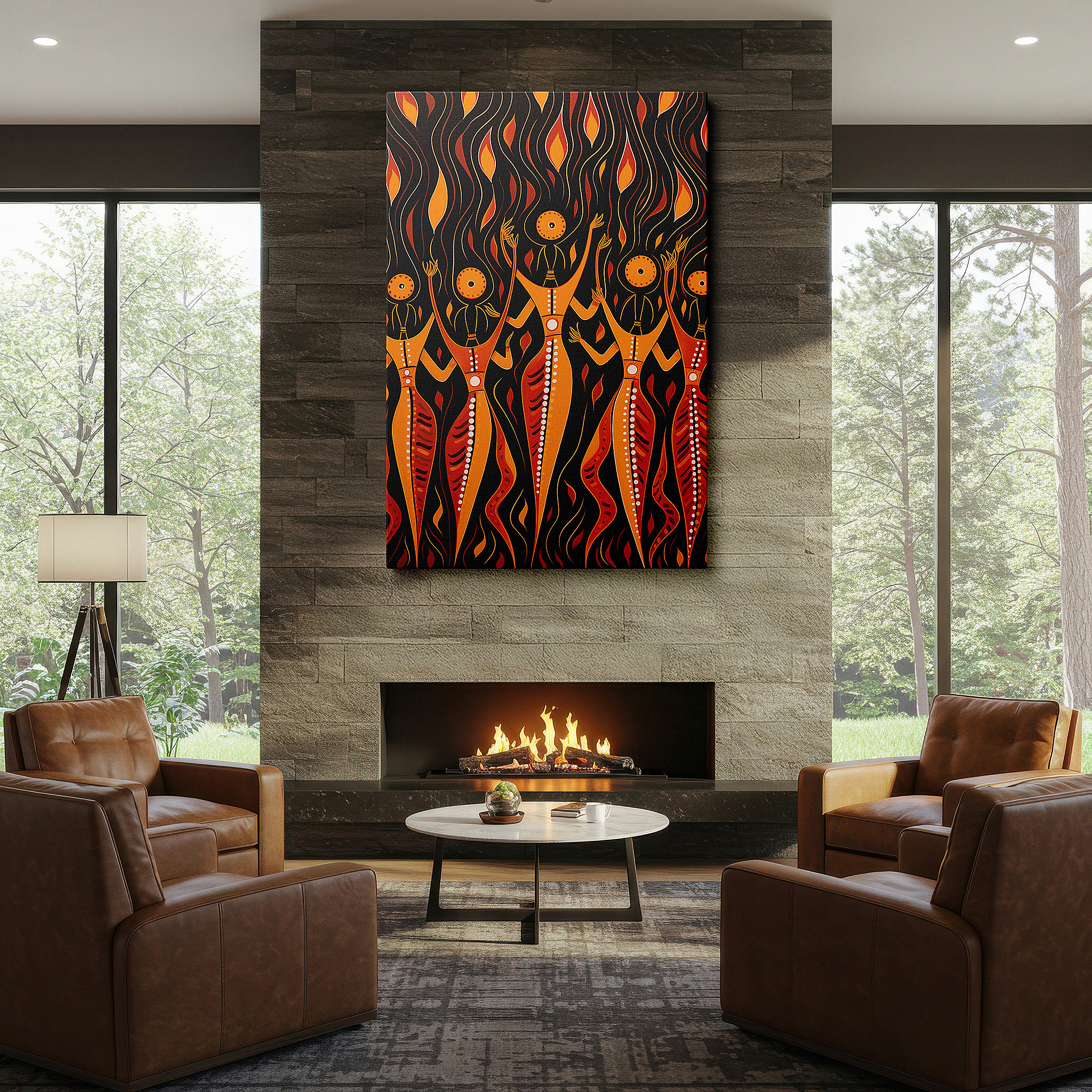 Side profile highlights a tightly wrapped canvas over a 3 cm deep stretcher — wall art: abstract dancers - ethereal dance of spirit and flame in fiery motion, large canvas wall art for office and bedroom decor