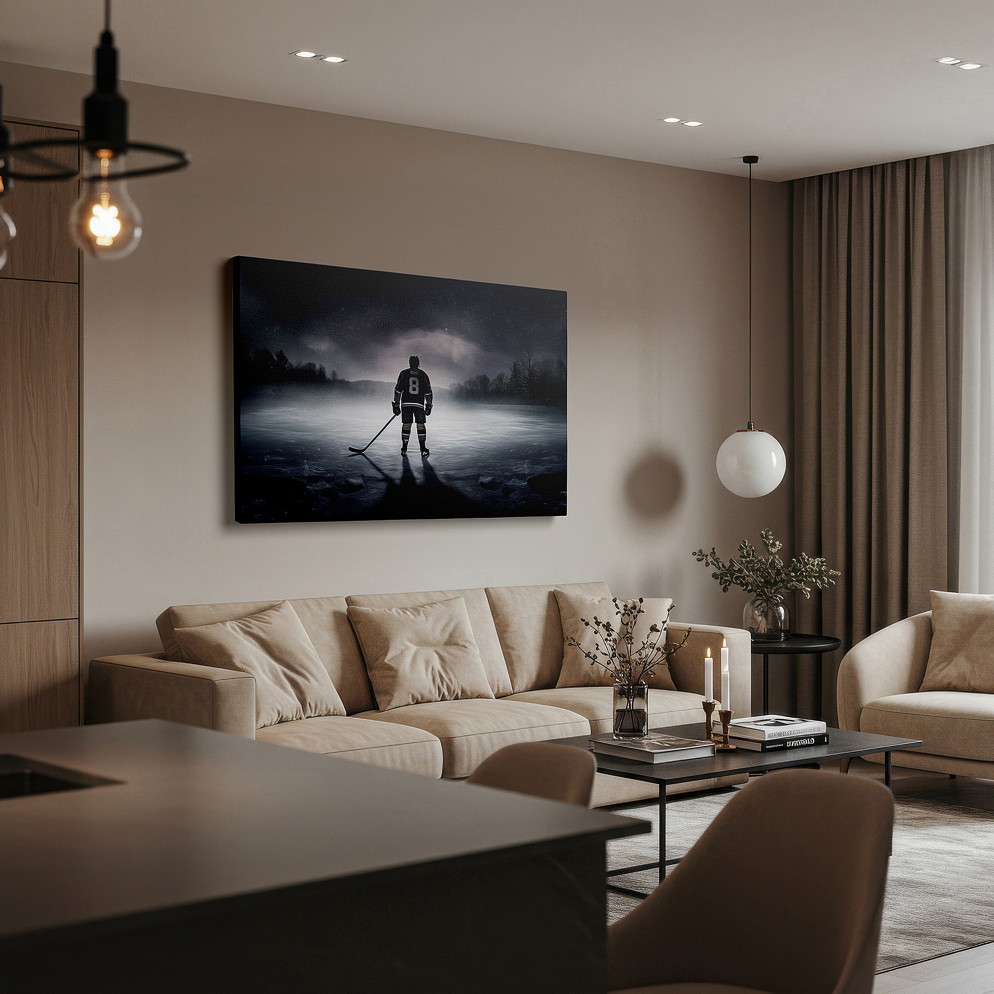 Side profile highlights a tightly wrapped canvas over a 3 cm deep stretcher — wall decor: lone hockey player beneath a starry sky - symbolizing perseverance and solitude. large canvas art for home and office decor.