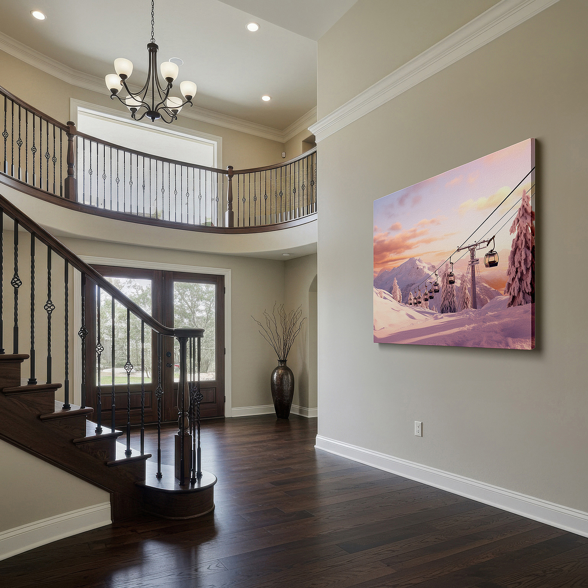 Side profile highlights a tightly wrapped canvas over a 3 cm deep stretcher — wall decor: serene ski resort at sunset, gondolas above snowy peaks - large canvas art for office and bedroom