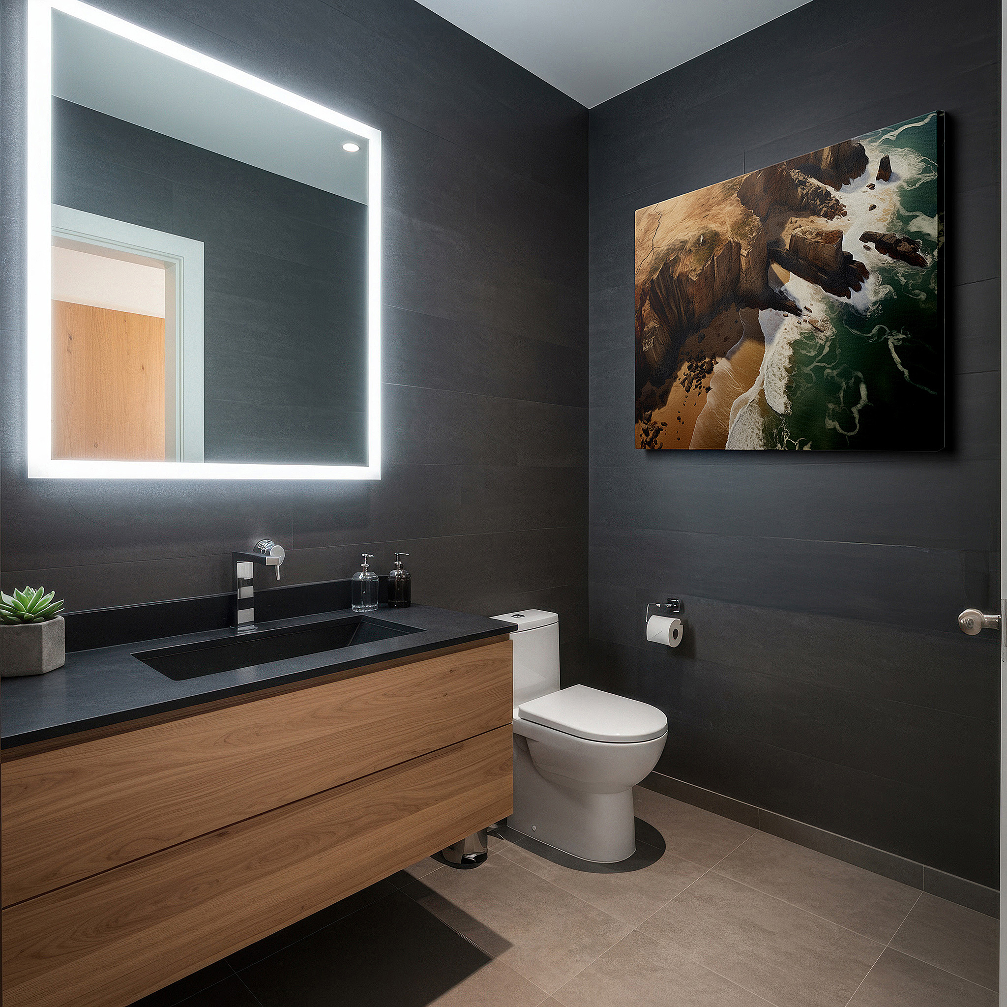 Side profile highlights a tightly wrapped canvas over a 3 cm deep stretcher — wall decor: stunning intersection of rugged cliffs and serene shores - experience nature's majestic contrasts with large canvas art for home and office