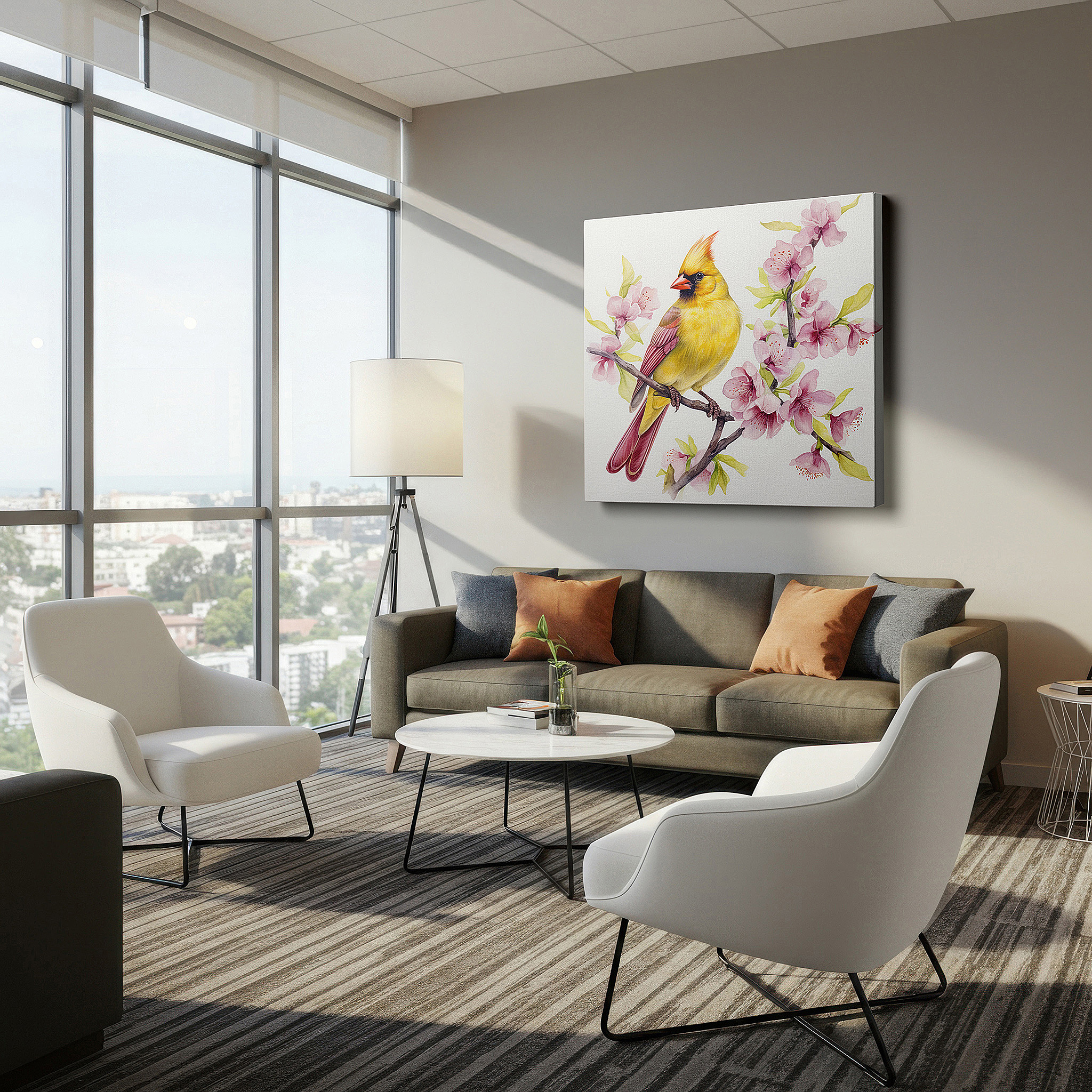 Side profile highlights a tightly wrapped canvas over a 3 cm deep stretcher — yellow cardinal in pink blossoms: serene and vibrant large wall art for office or bedroom decor