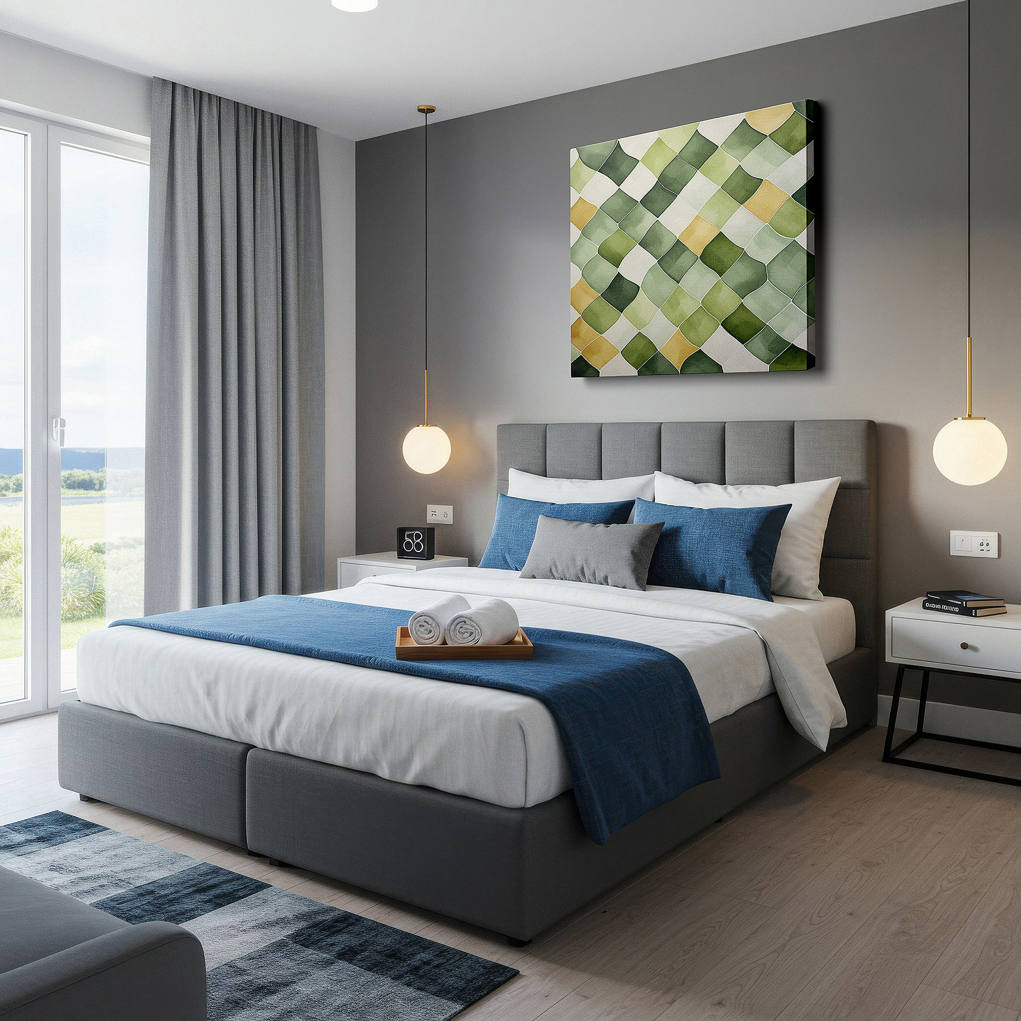 At 60×40 cm, this format fits effortlessly over dressers or benches — abstract symphony of soothing greens and sunlit yellows: nature's essence through curves, large canvas wall art