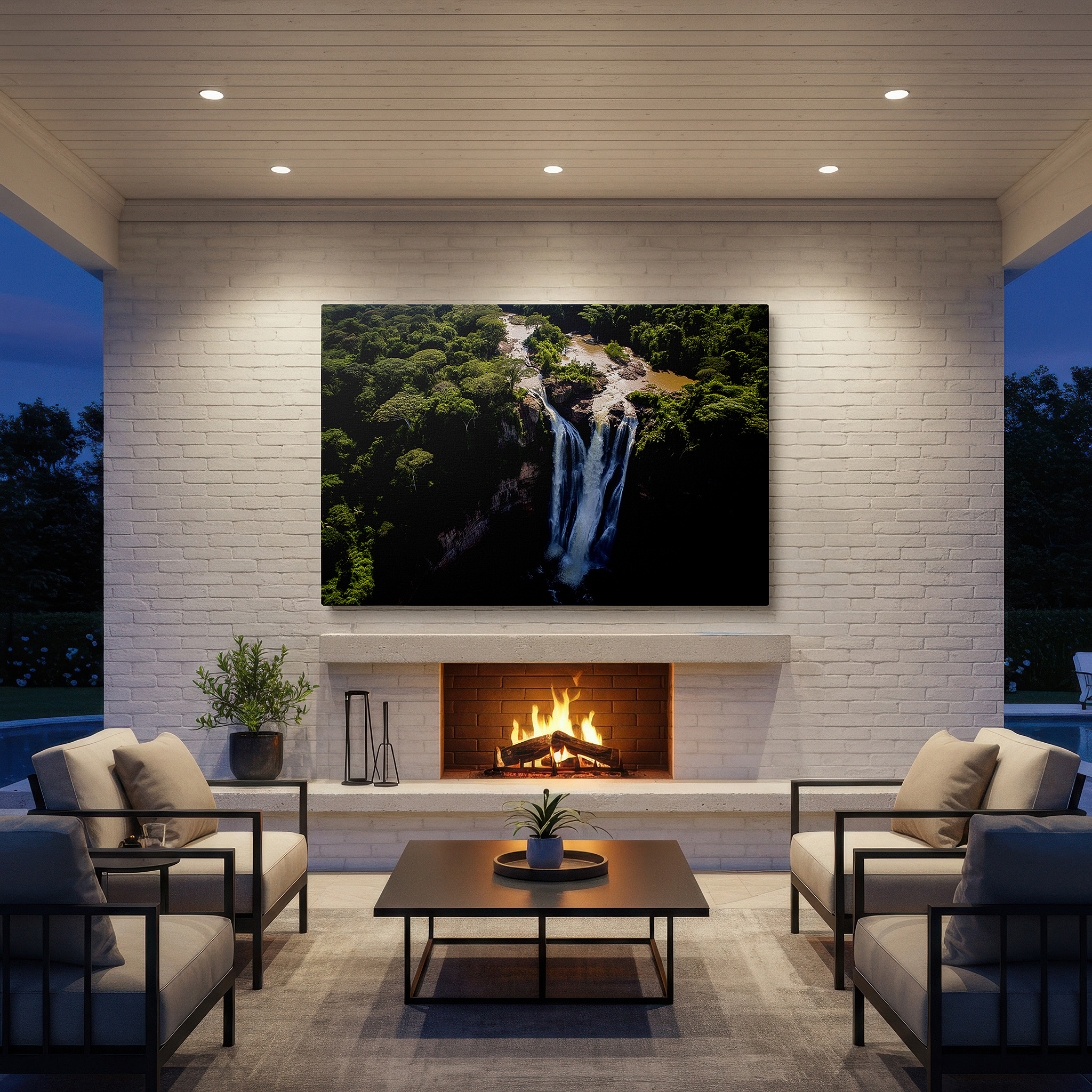 At 60×40 cm, this format fits effortlessly over dressers or benches — aerial view of majestic waterfall in lush rainforest, large canvas wall art for office and bedroom decor