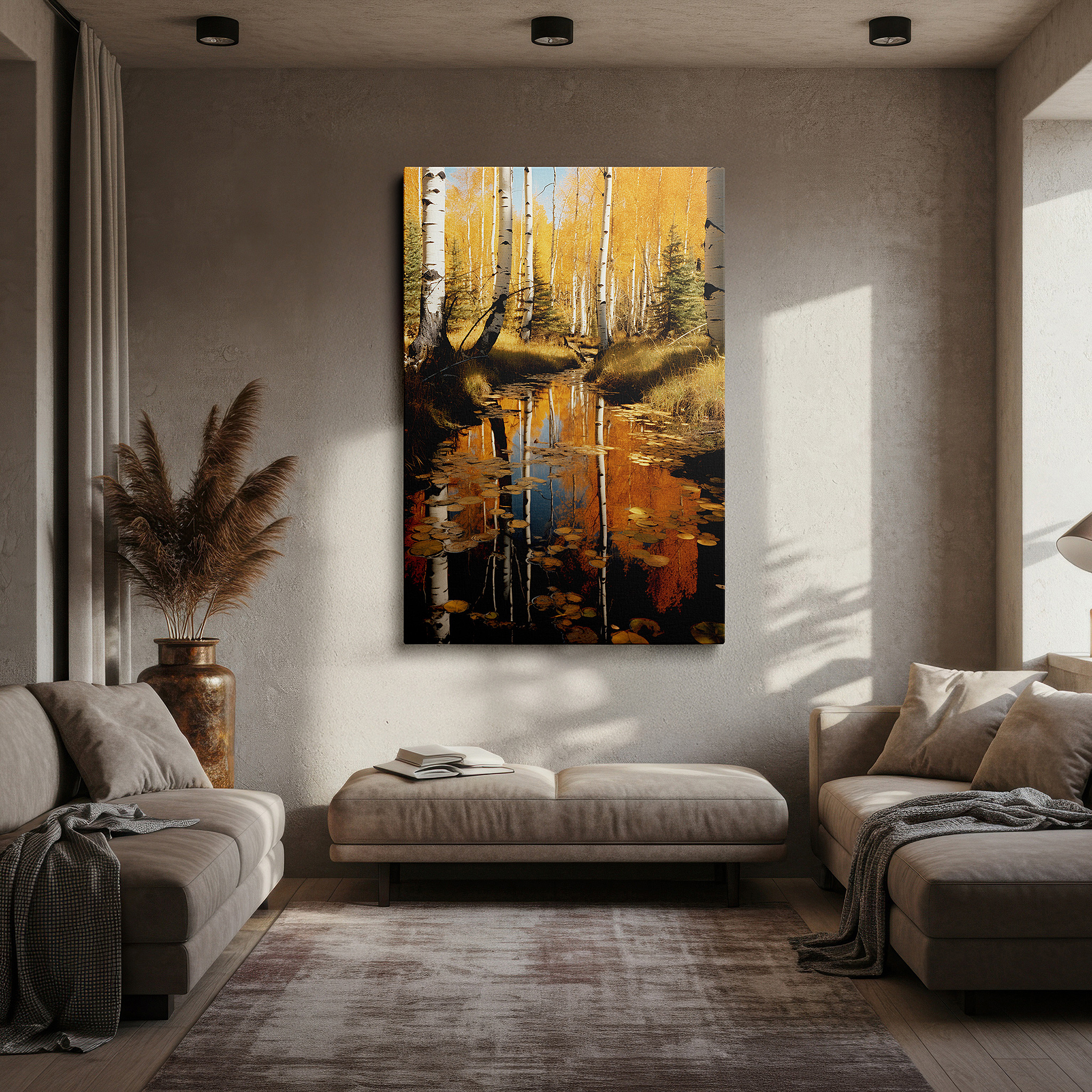 At 60×40 cm, this format fits effortlessly over dressers or benches — autumn aspen reflections on a tranquil forest pond - large canvas wall art for office, bedroom, and living room decor